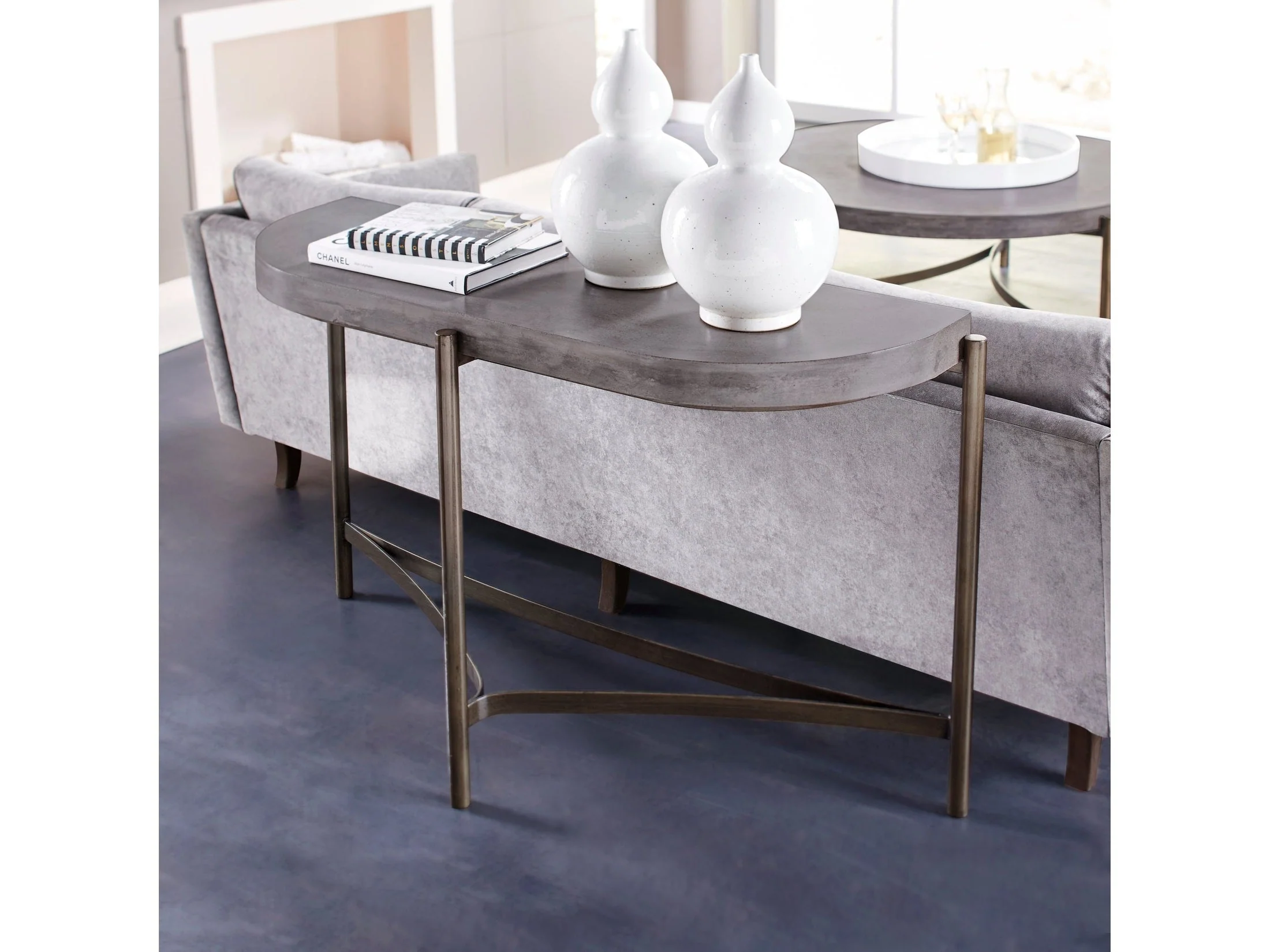 Lyon Semi-circular Natural Concrete and Metal Console Table
