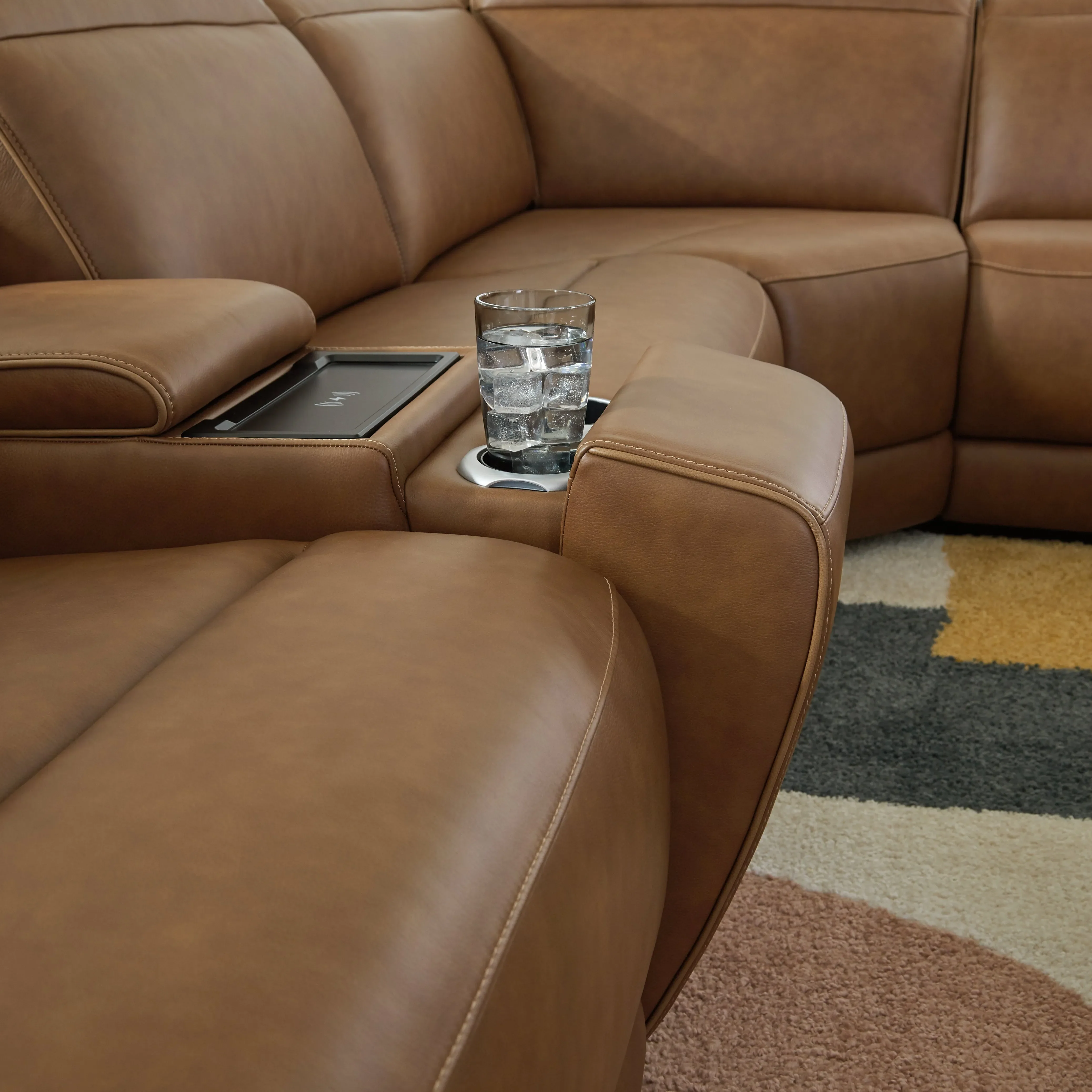 Magic Man Caramel 5-Piece Dual Power Leather Reclining Modular Sectional - Image 2