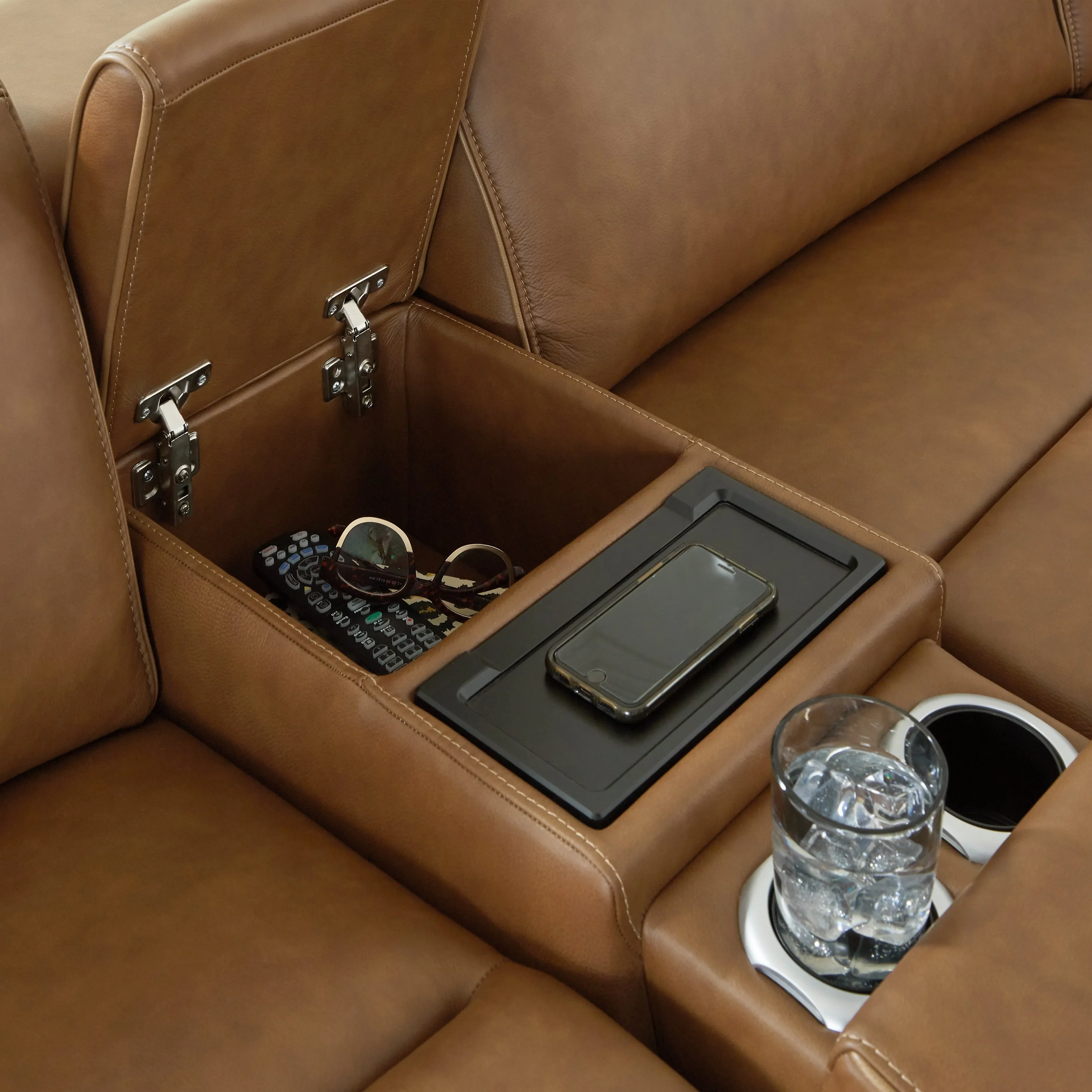 Magic Man Caramel Dual Power Leather Reclining Modular Loveseat with Console - Image 3