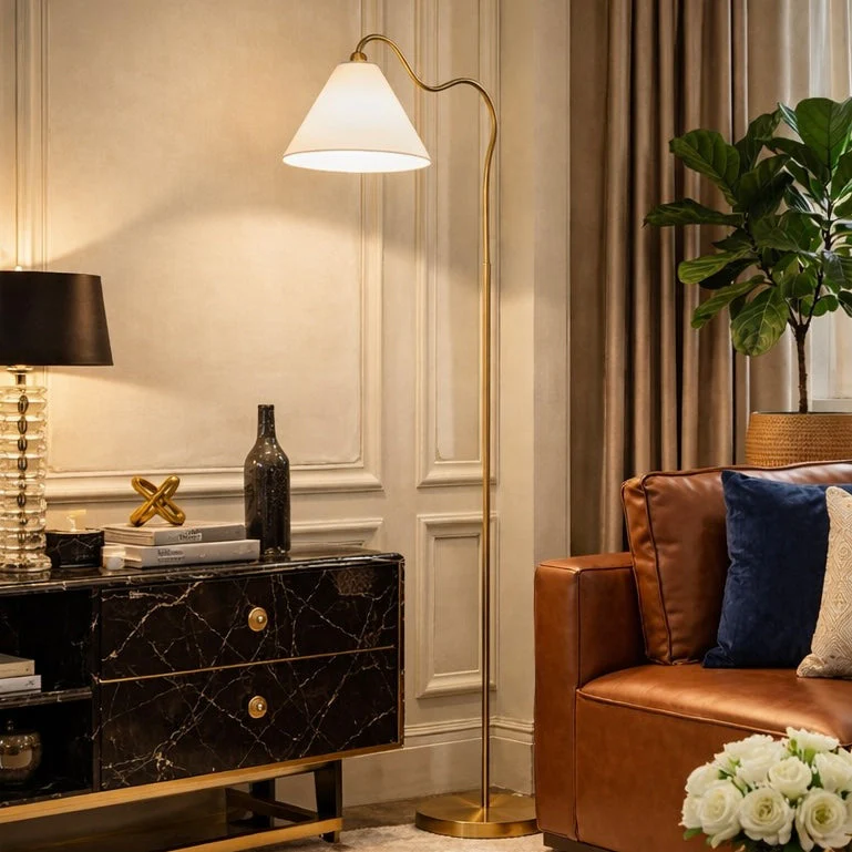 Majestic Brass Ring Base Curved Floor Lamp - Image 3