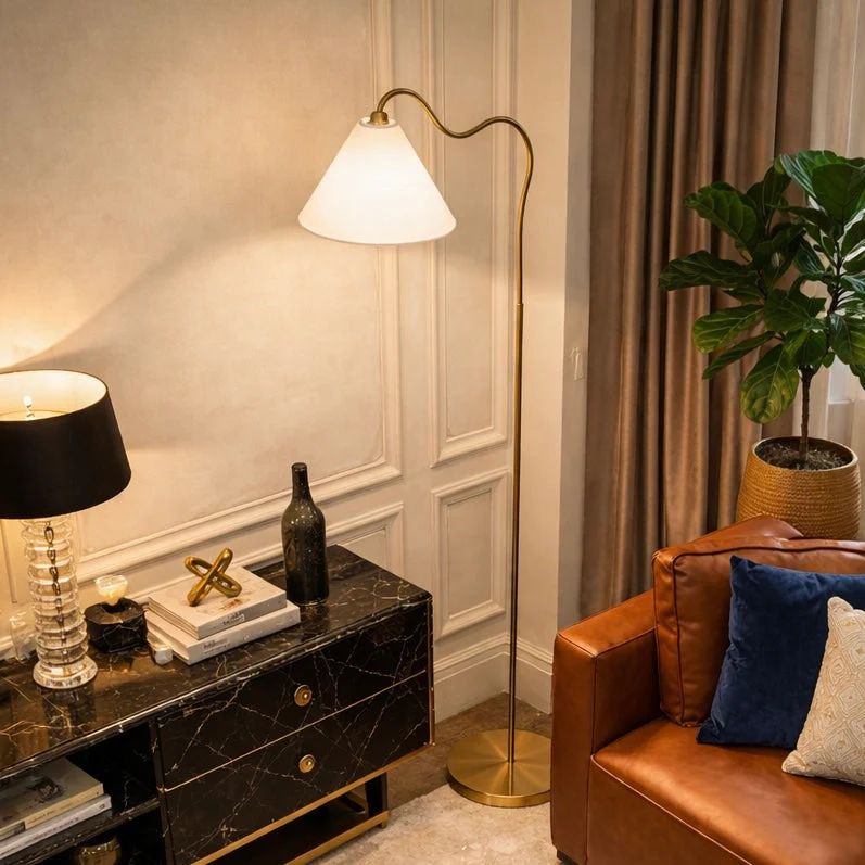 Majestic Brass Ring Base Curved Floor Lamp - Image 6