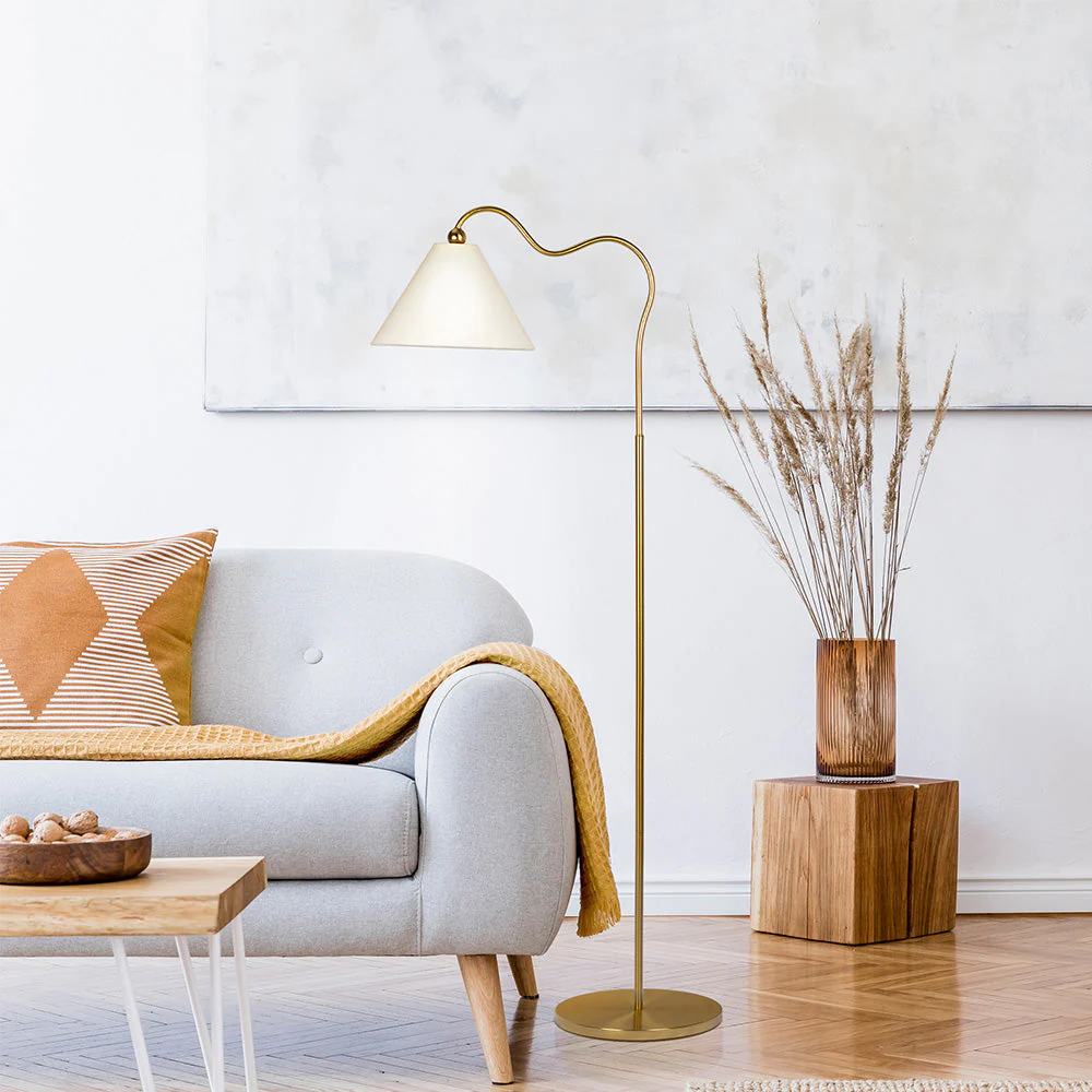 Majestic Brass Ring Base Curved Floor Lamp with Triangle White Drum Shade - Image 2