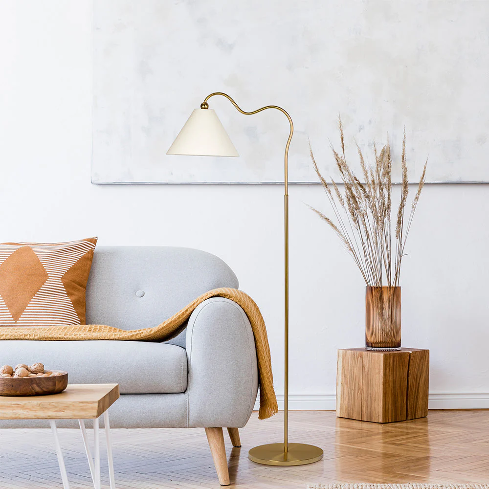 Majestic Brass Ring Base Curved Floor Lamp with Triangle White Drum Shade - Image 4