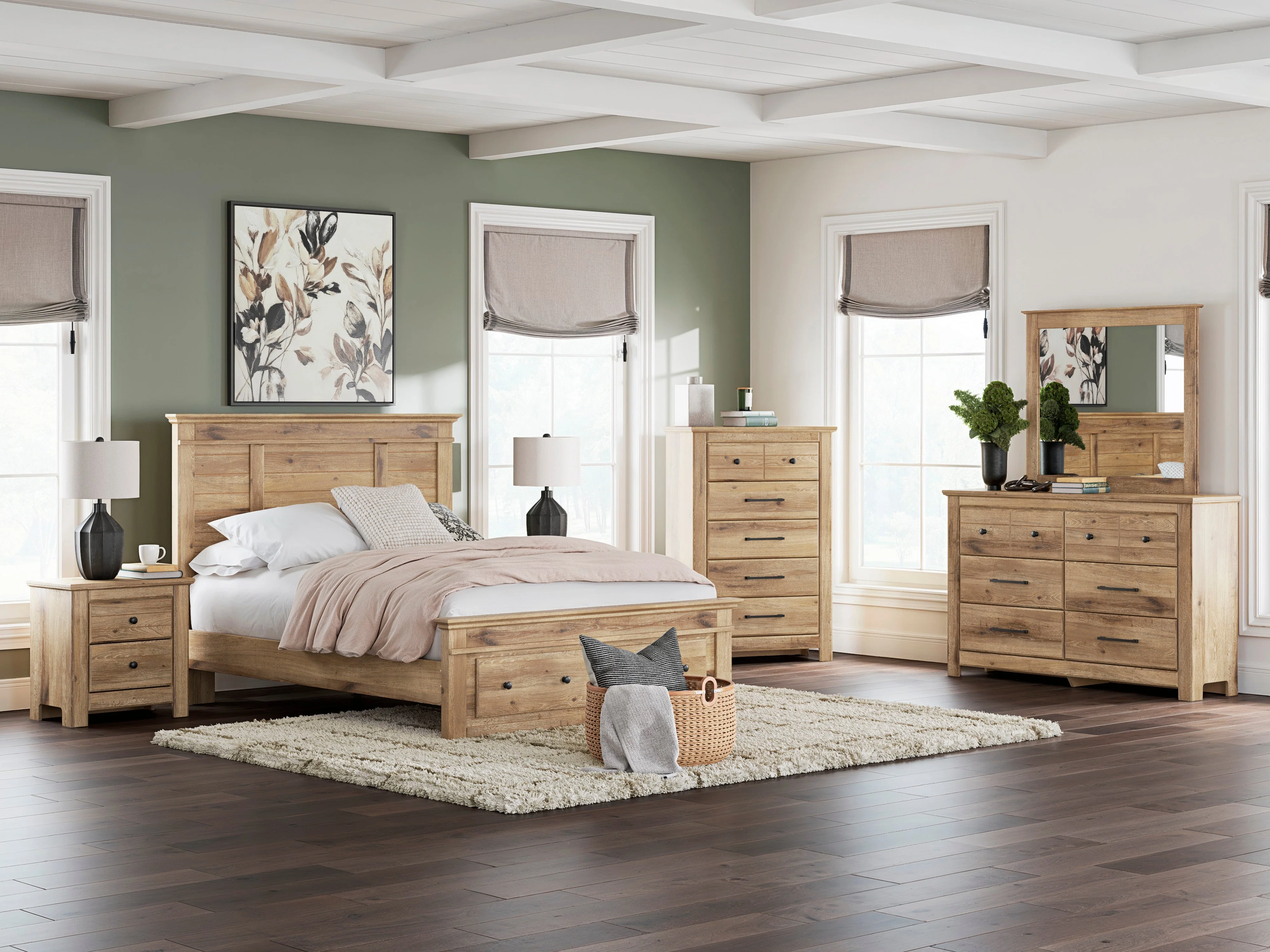 Makidern Tan Panel Storage Bedroom Set with 2 Footboard Drawers