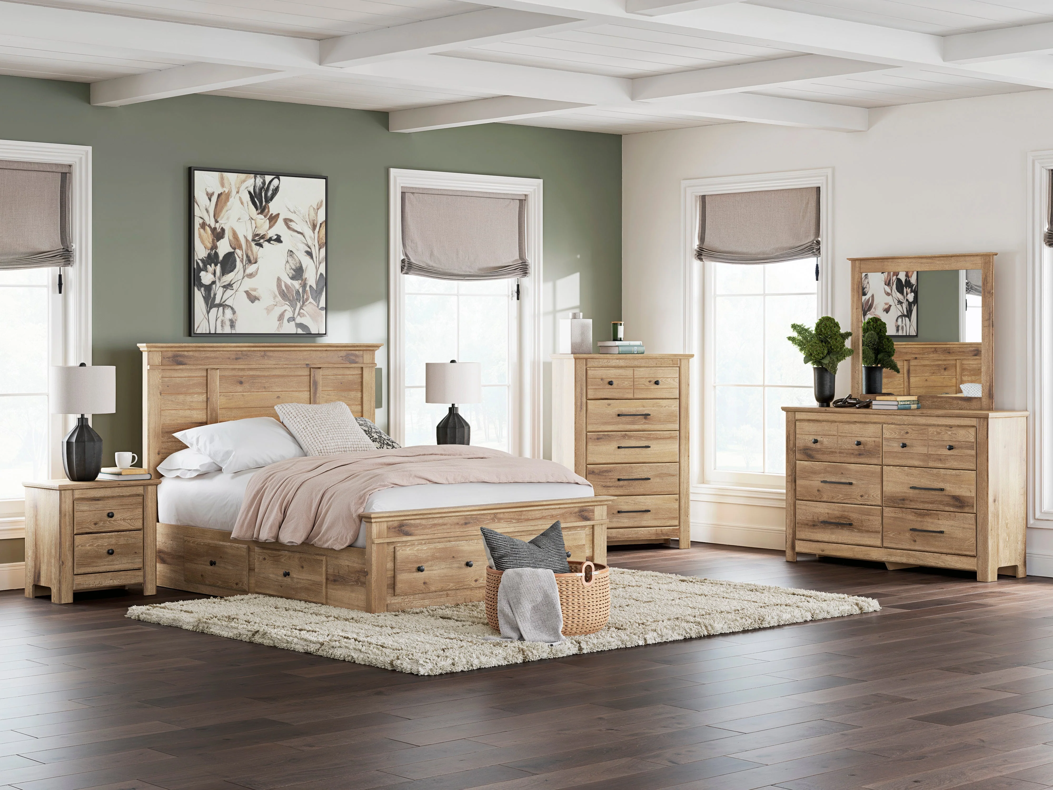 Makidern Tan Panel Storage Bedroom Set with 6 Drawers