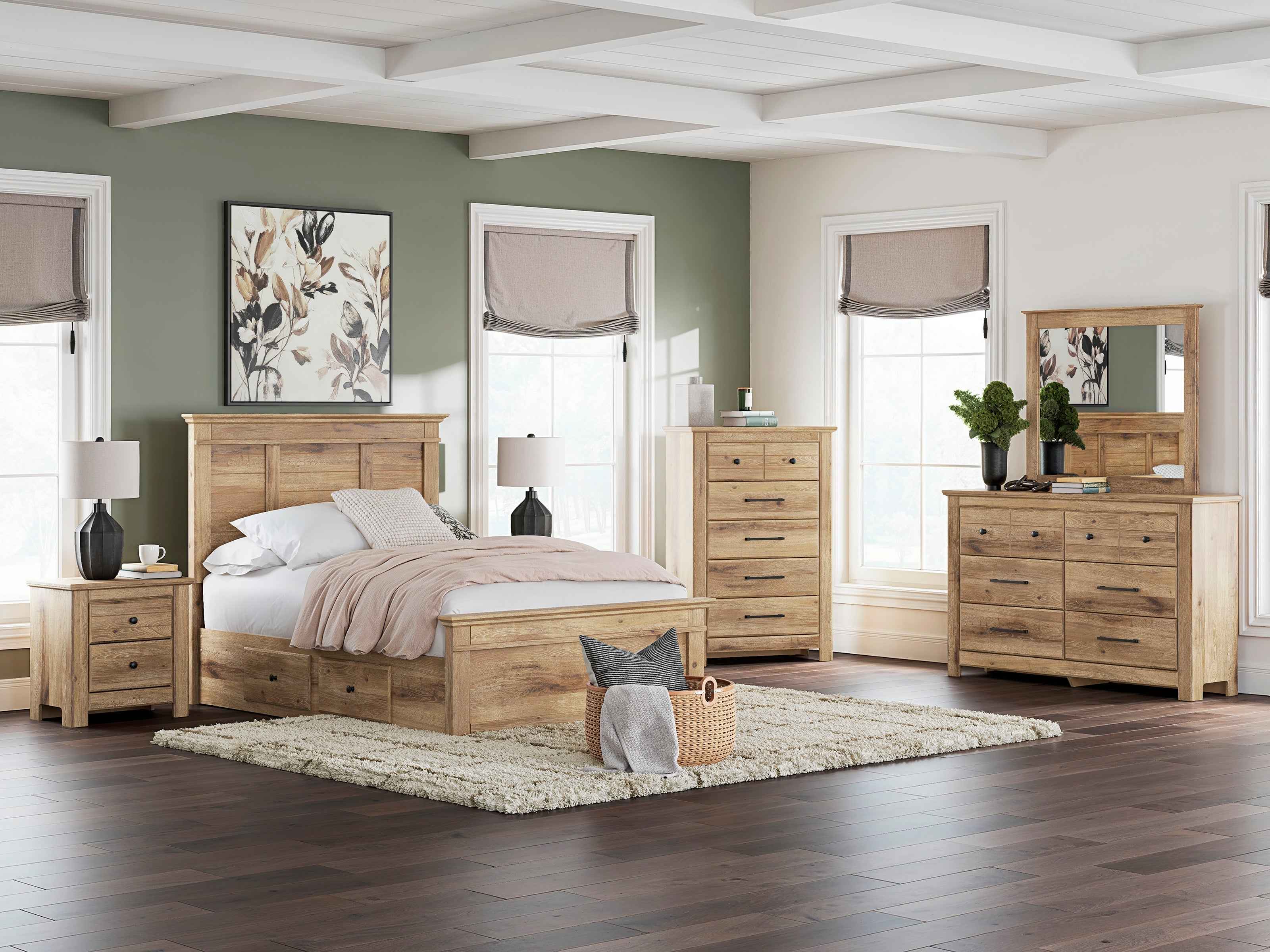 Makidern Tan Storage Youth Panel Bedroom Set with 2 One-Side Drawers