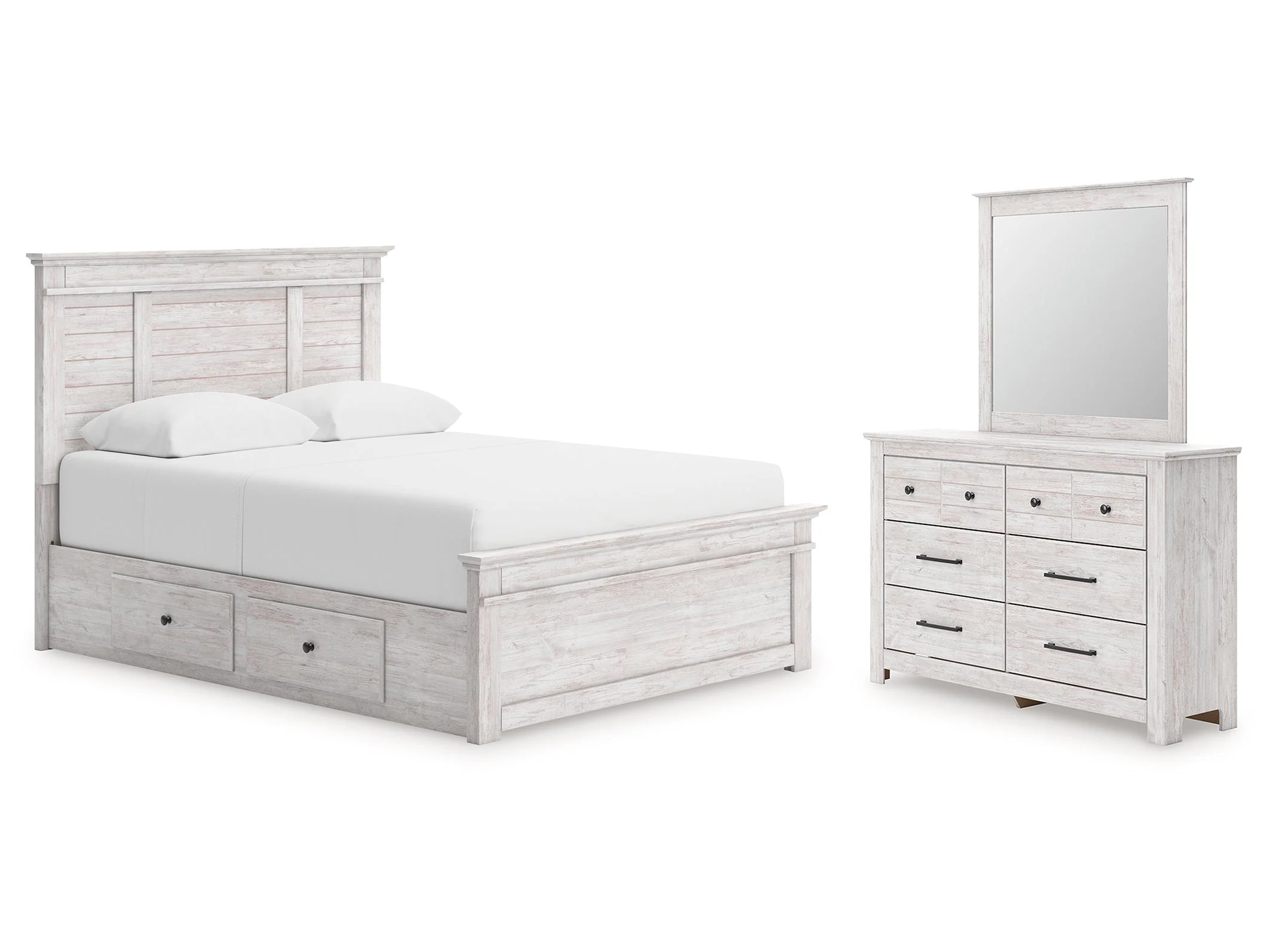 Makidern Whitewash Queen Panel Bed with Storage, Dresser and Mirror