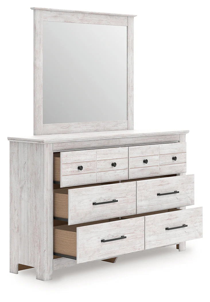 Makidern Whitewash Queen Panel Storage Bed, Dresser and Mirror - Image 4