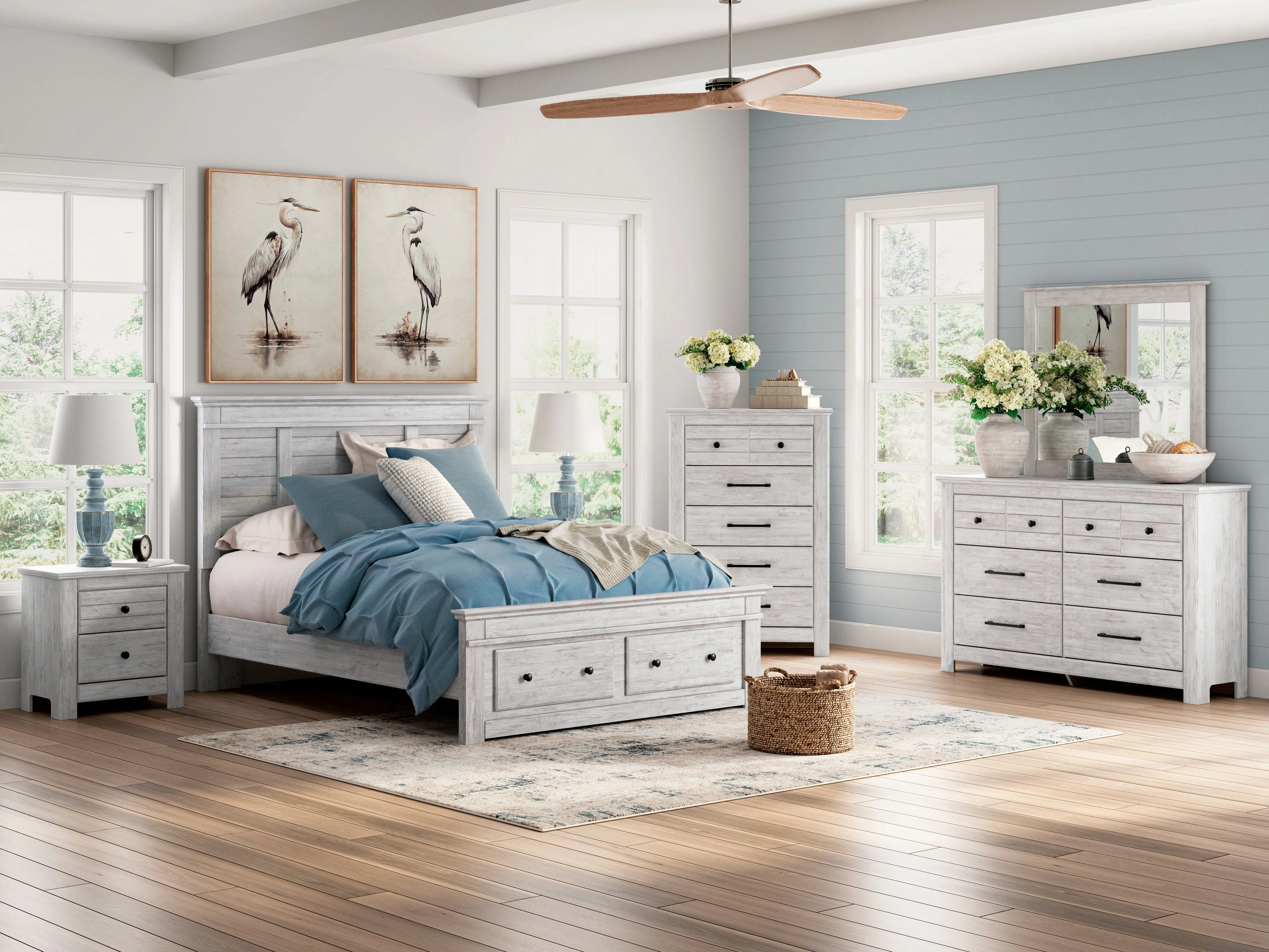 Makidern Whitewash Storage Panel Bedroom Set with 2 Footboard Drawers