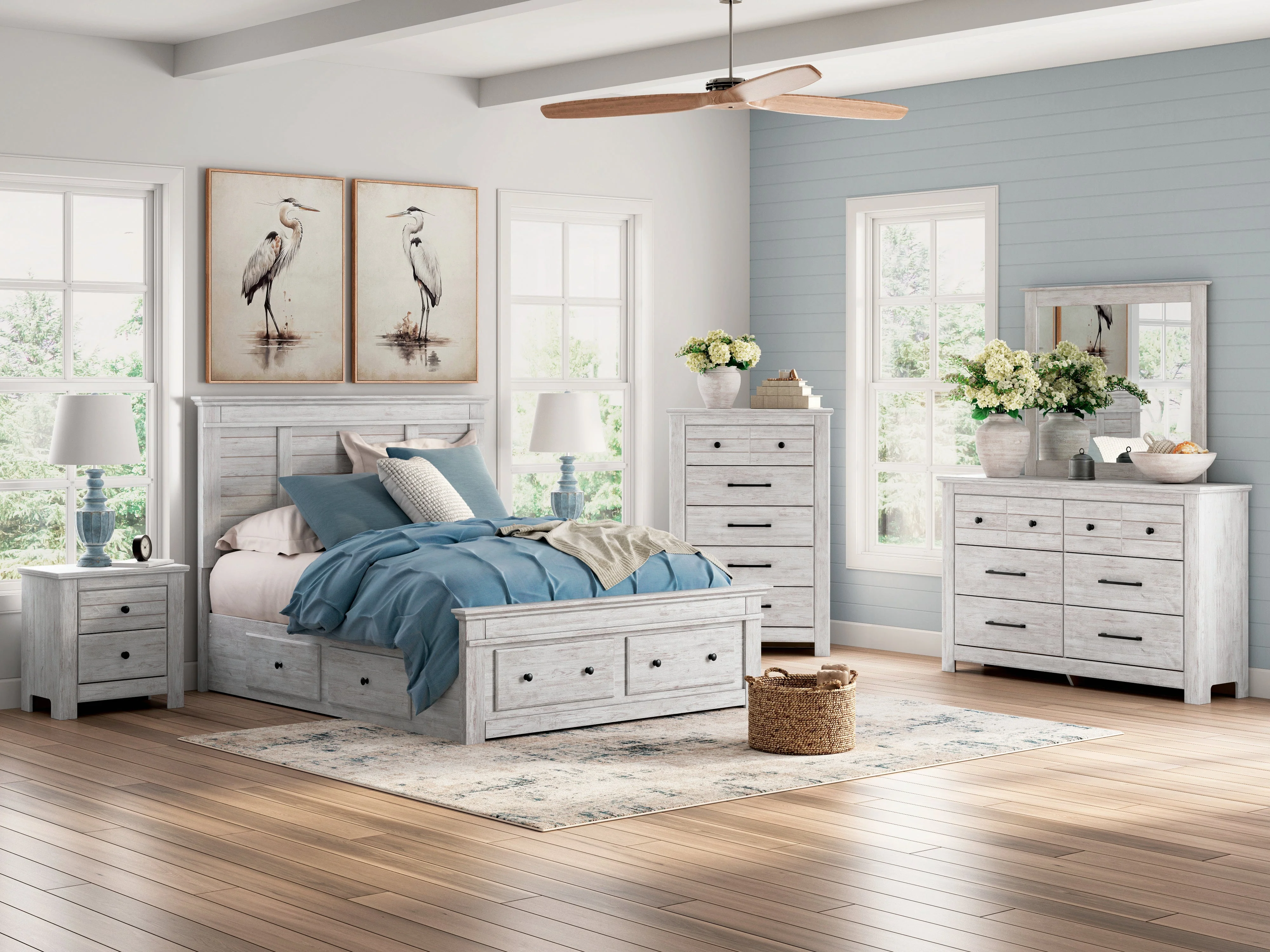 Makidern Whitewash Storage Panel Bedroom Set with 4 Drawers