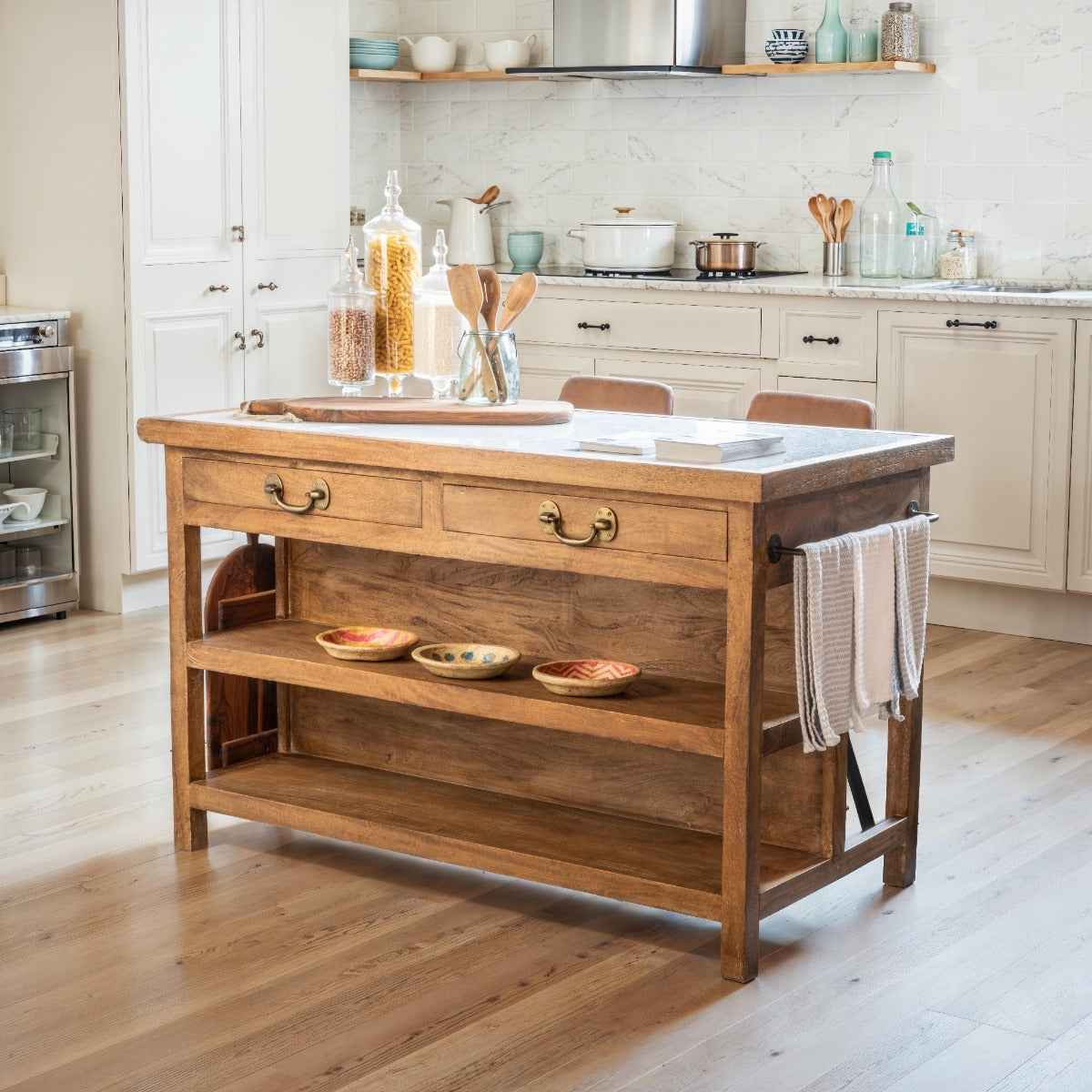 Manila 58" Kitchen Island Table with White Marble Top and Natural Mango Base - Image 9