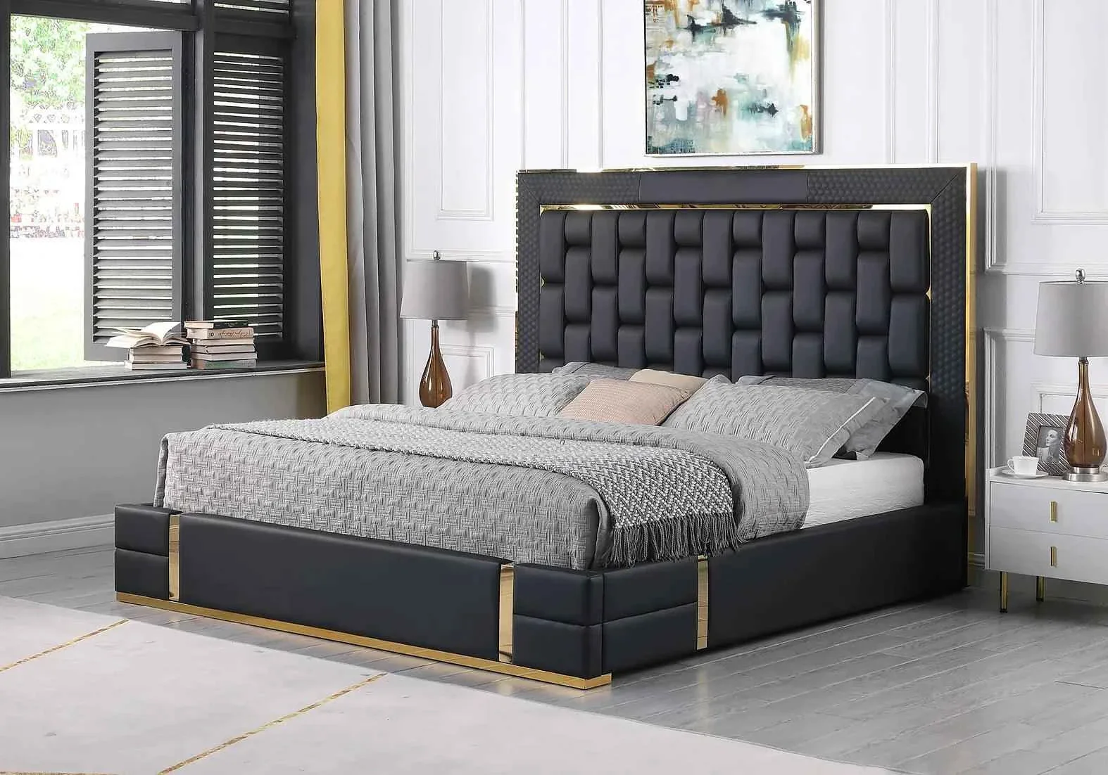 Marbella Black/Gold Queen Storage Platform Bed - Image 2