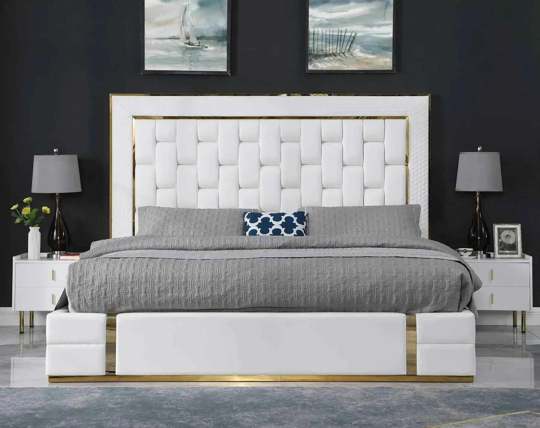 Marbella White/Gold Queen Storage Platform Bed
