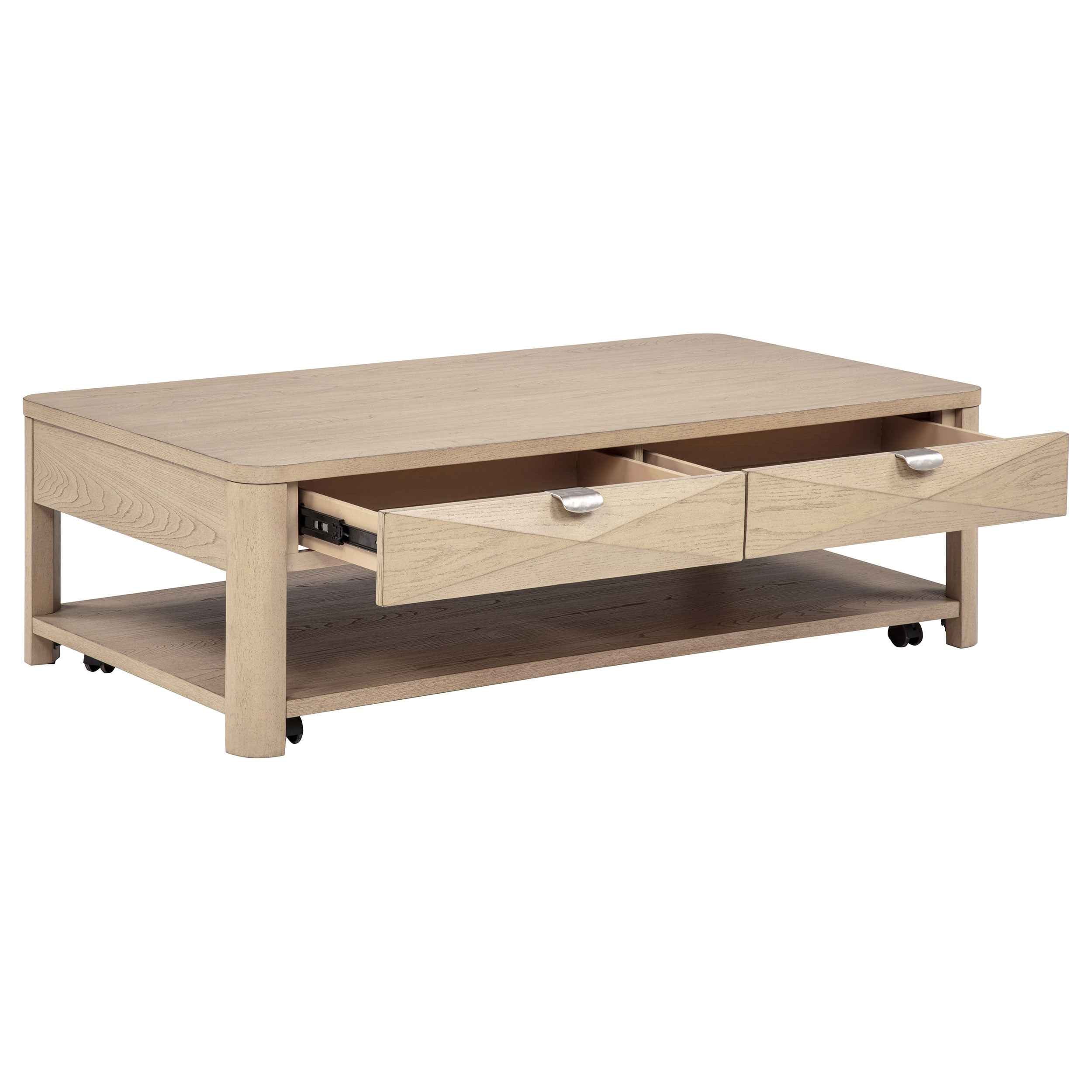 Marcelo Light Elm Wood Coffee Table with 2 Drawers and Shelf - Image 2