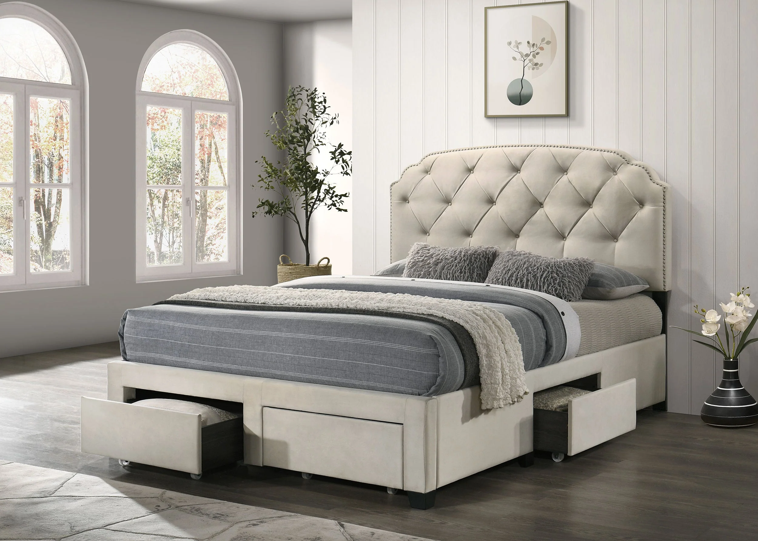 Marianna Cream 4-drawer Upholstered Queen Storage Bed - Image 2
