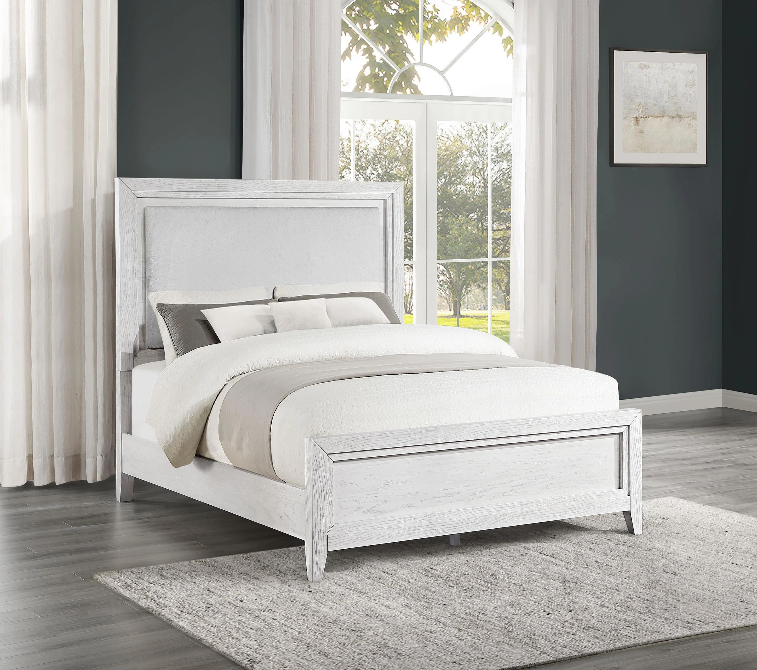 Marielle Distressed White Eastern King LED Panel Bed