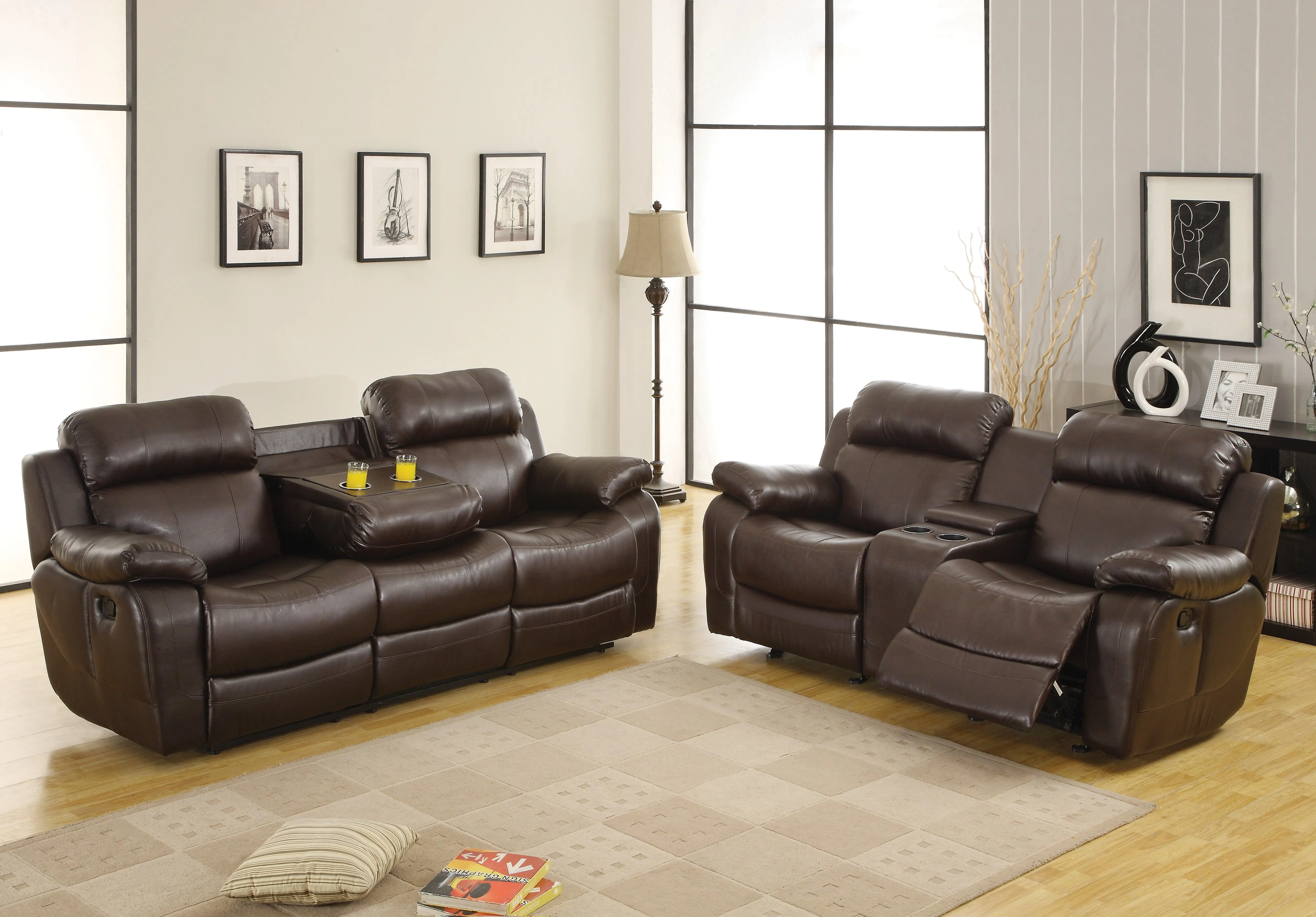 Marilla Brown Bonded Leather Reclining Living Room Set - Image 2