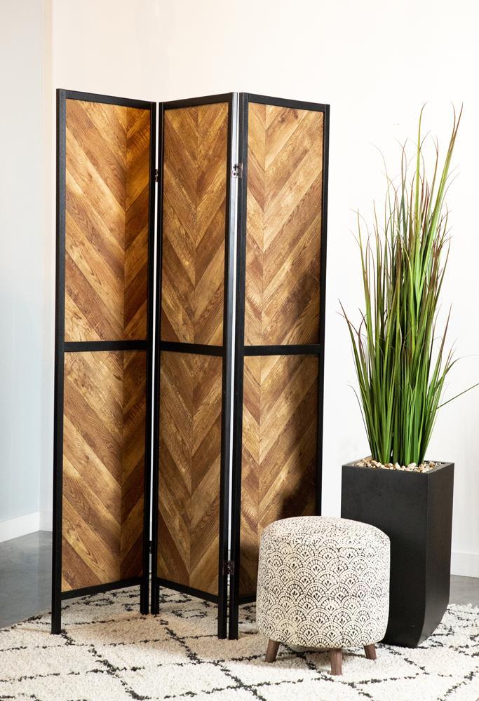 Marlene Rustic Tobacco/Black Herringbone Pattern 3-Panel Screen