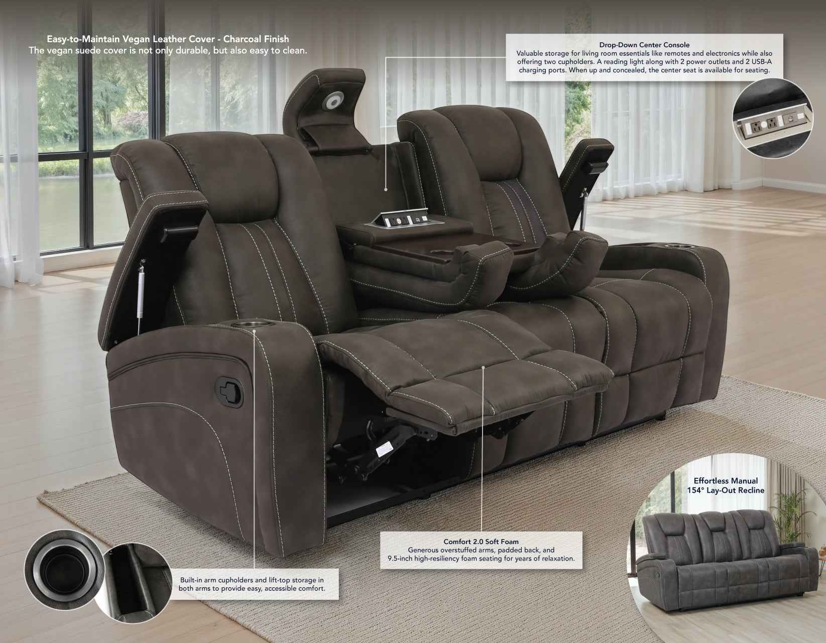 Marlow Charcoal Manual Reclining Sofa - Image 4