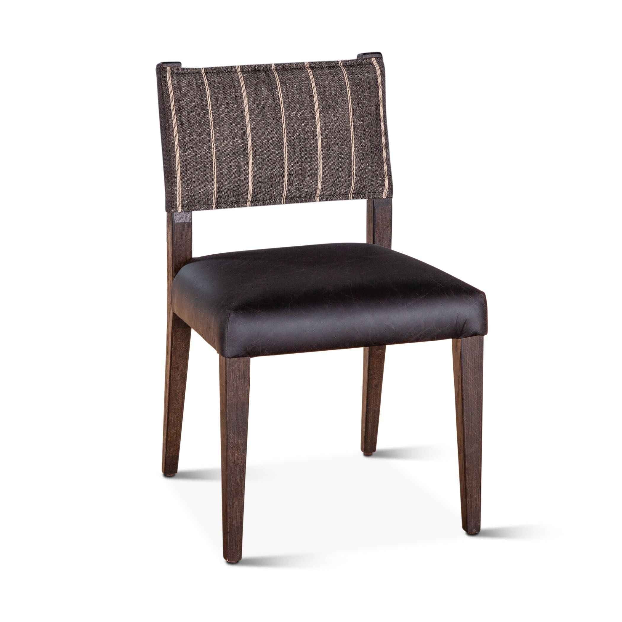 Maya 21" Dining Chair in Black Striped Linen and Black Leather with Dark Legs, Set of 2