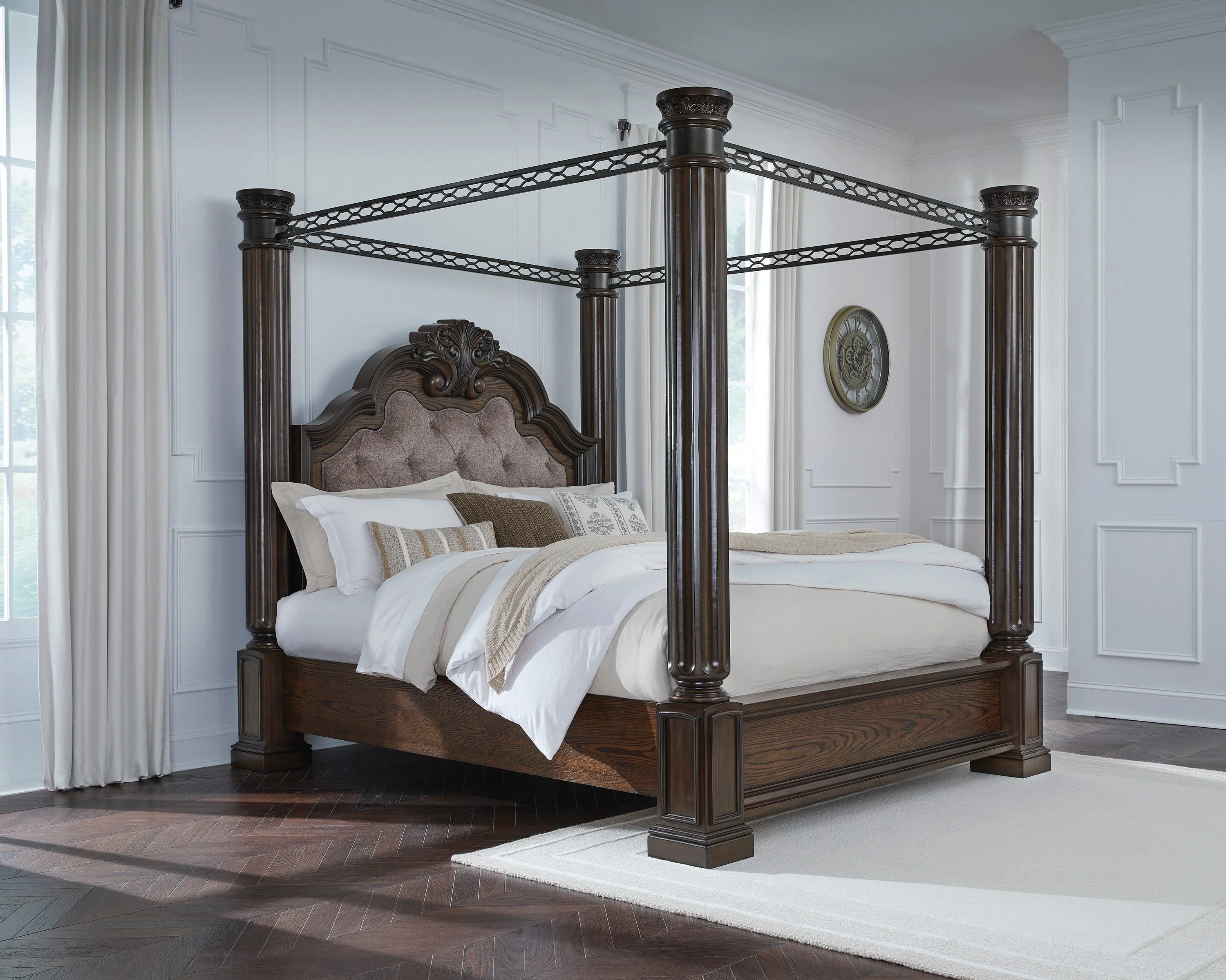 Maylee Dark Brown King Upholstered Canopy Bed
