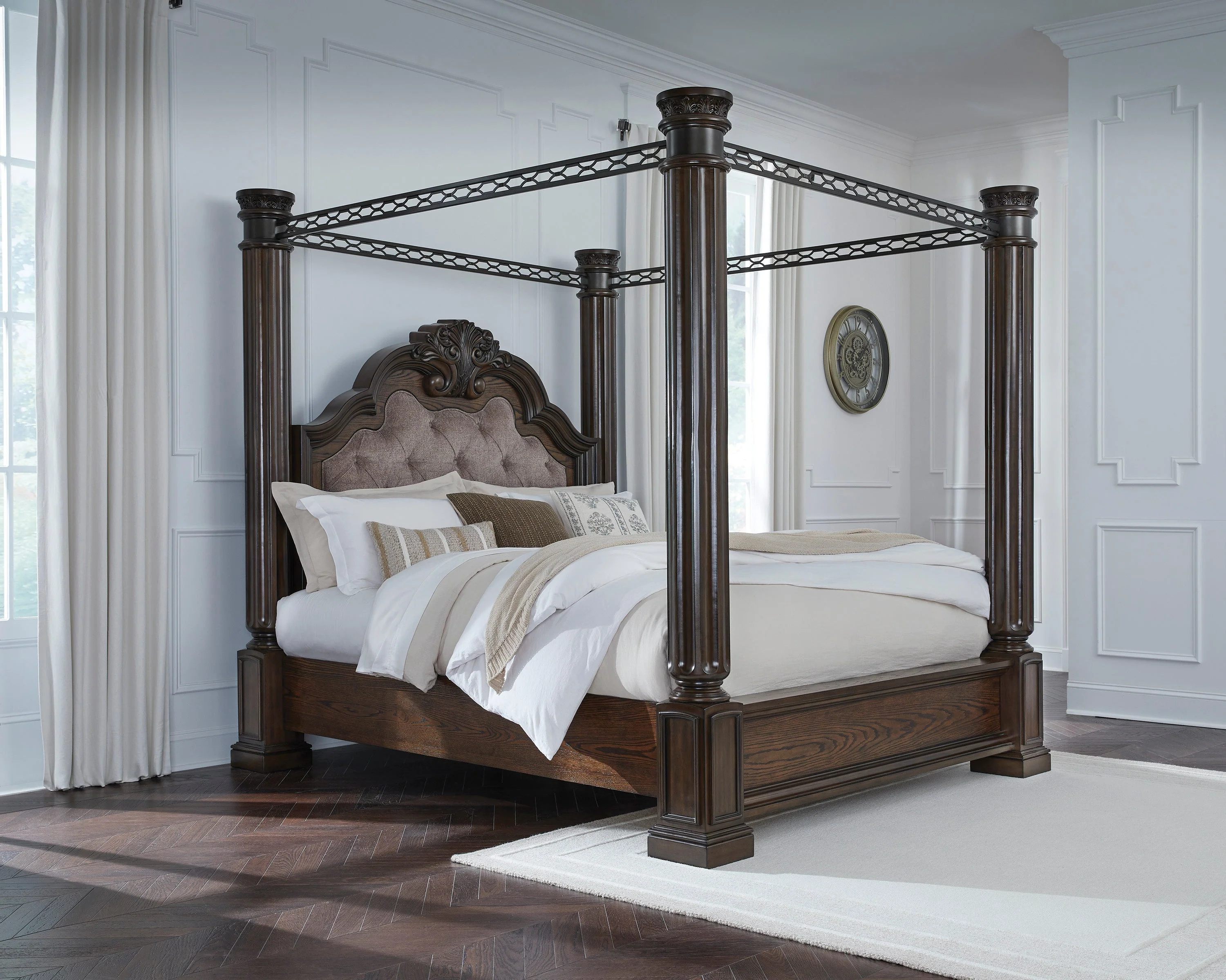 Maylee Dark Brown Queen Upholstered Canopy Bed - Image 6