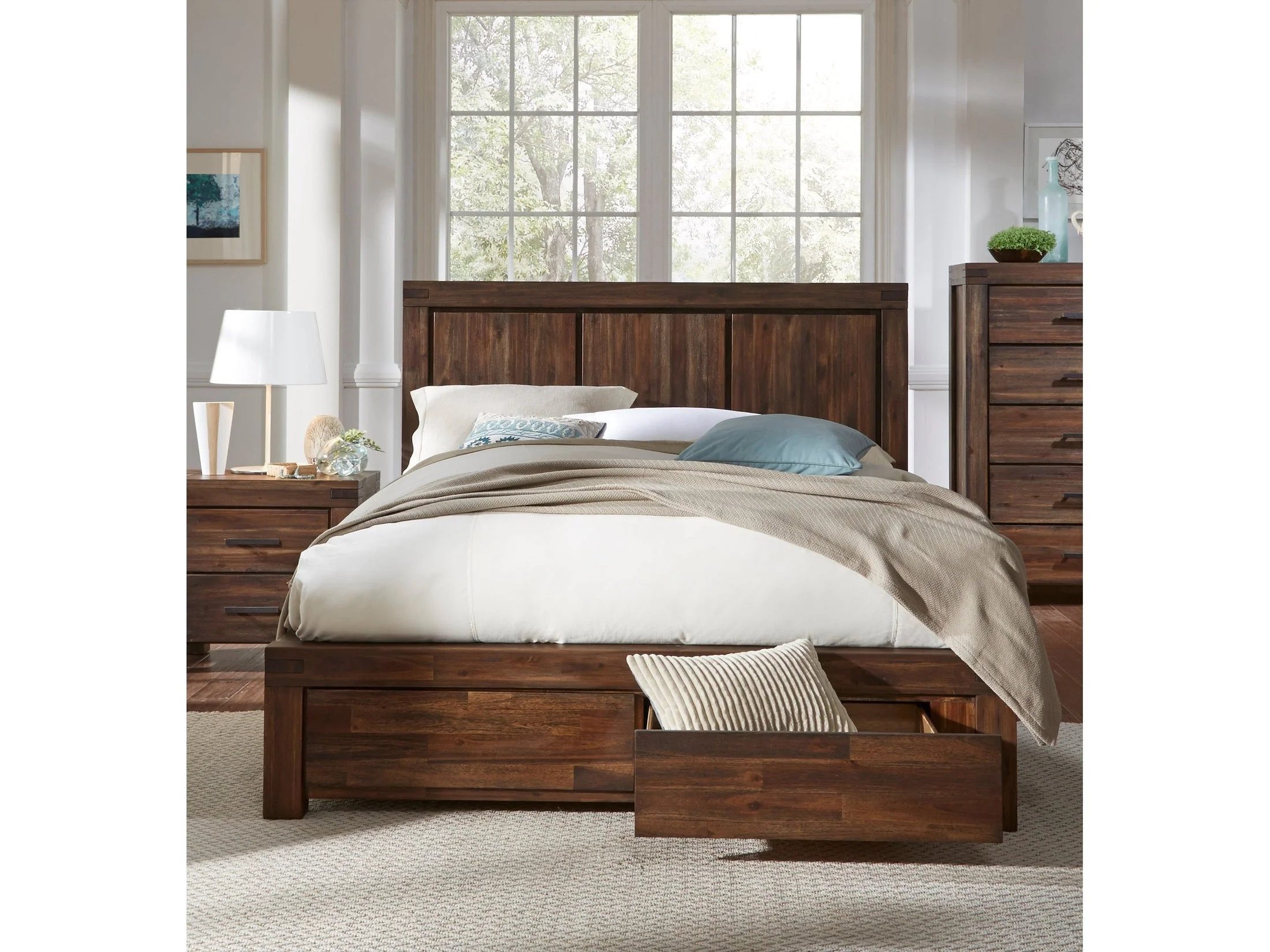 Meadow Solid Wood Footboard California King Storage Bed in Brick Brown