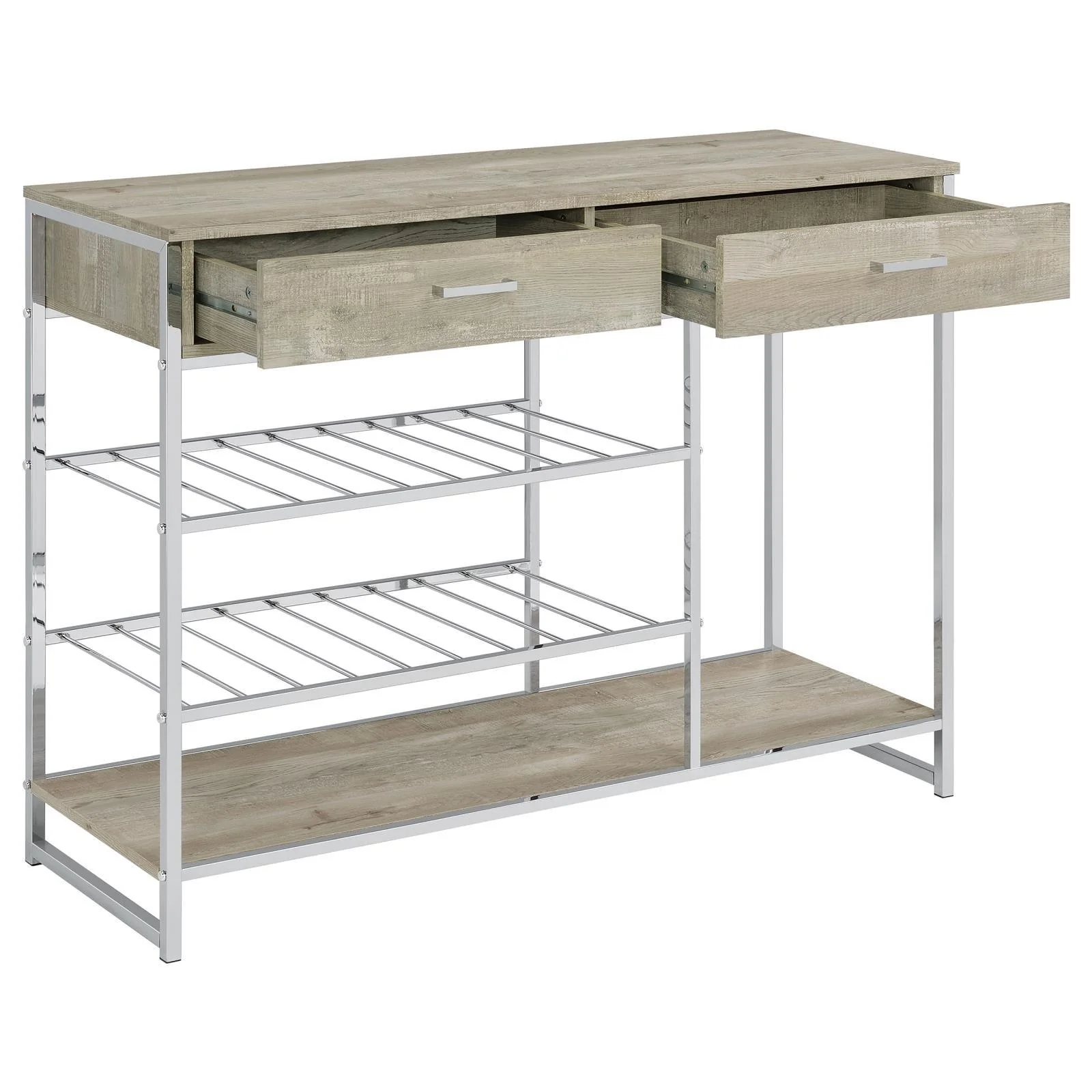 Melrose Gray Washed Oak and Chrome 2-shelf Wine Cabinet with 2 Drawers - Image 2