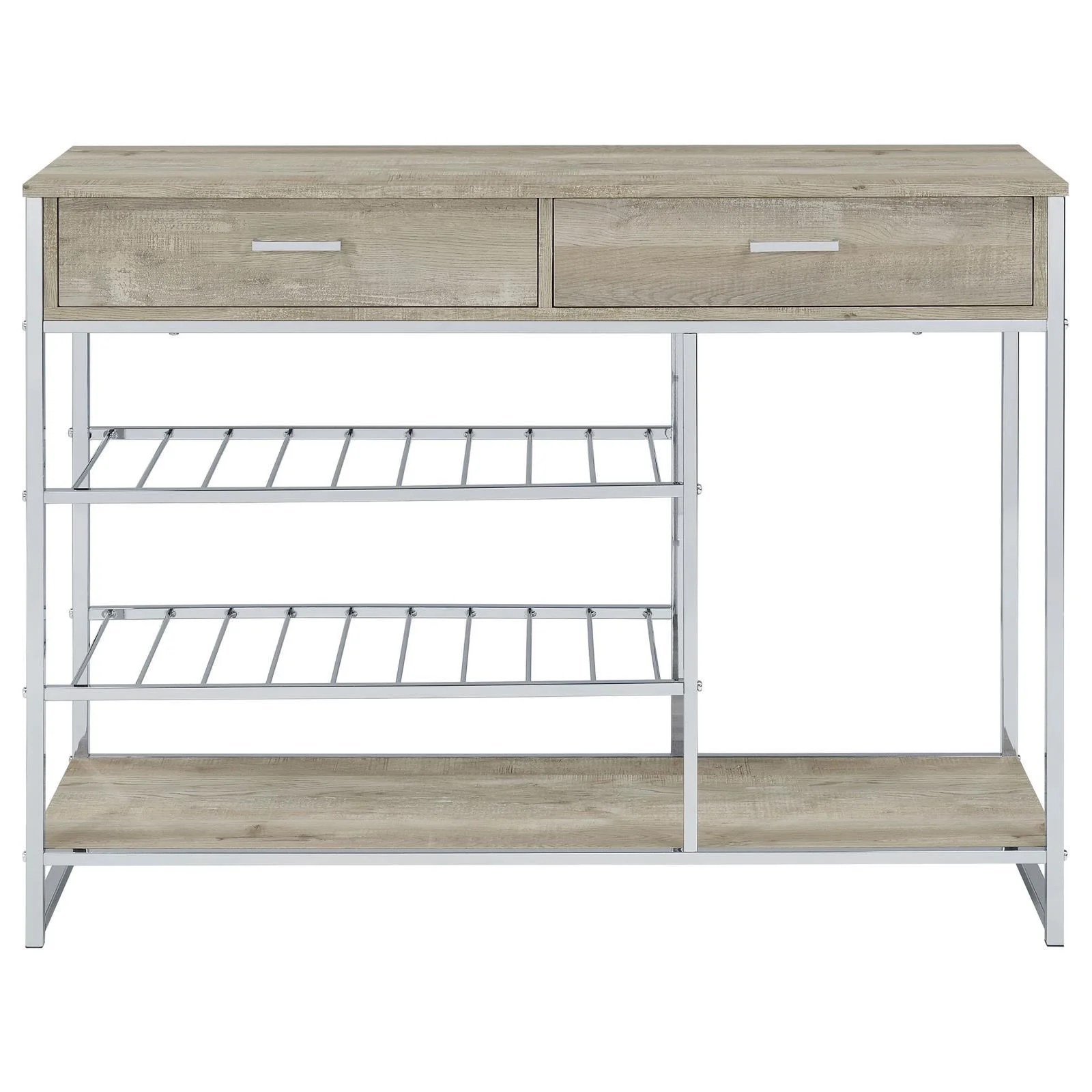 Melrose Gray Washed Oak and Chrome 2-shelf Wine Cabinet with 2 Drawers - Image 3