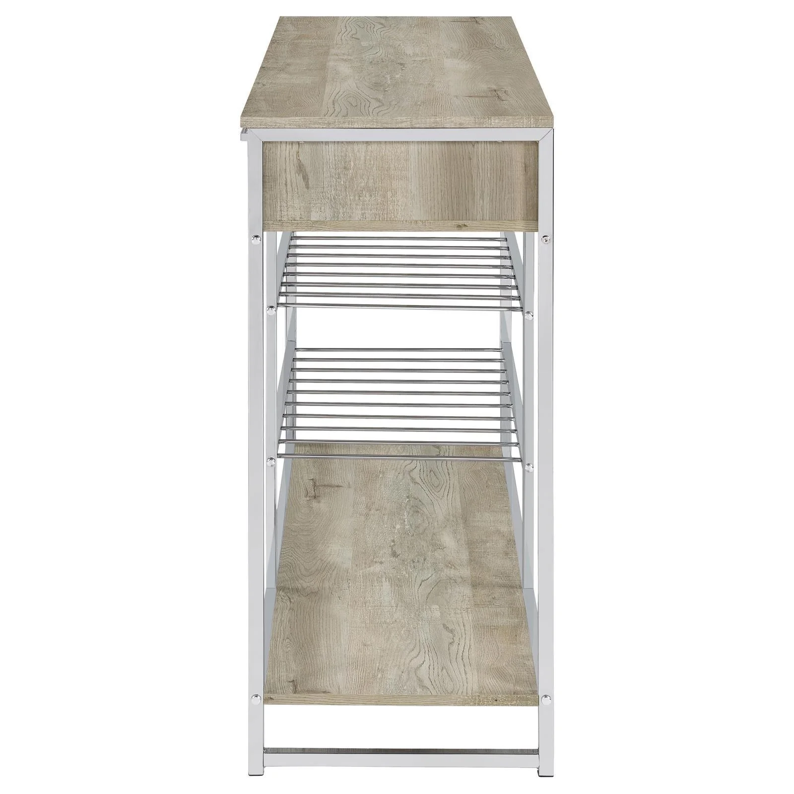 Melrose Gray Washed Oak and Chrome 2-shelf Wine Cabinet with 2 Drawers - Image 4