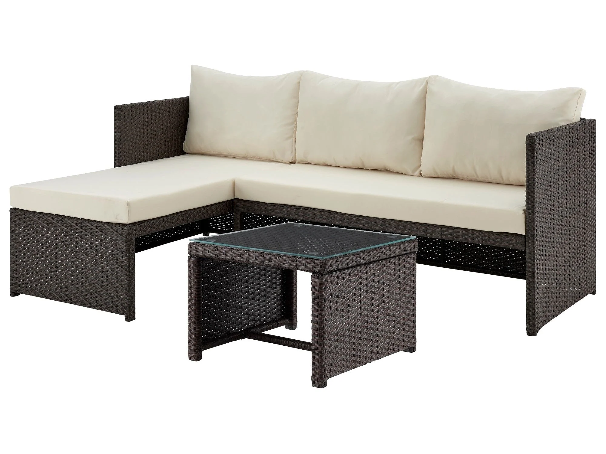 Menton Patio 2-Seater and Lounge Chair with Coffee Table with Cream Cushions