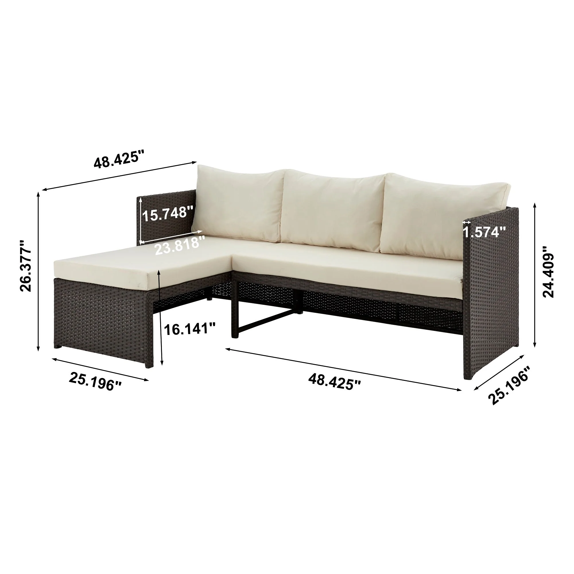 Menton Patio 2-Seater and Lounge Chair with Coffee Table with Cream Cushions - Image 3