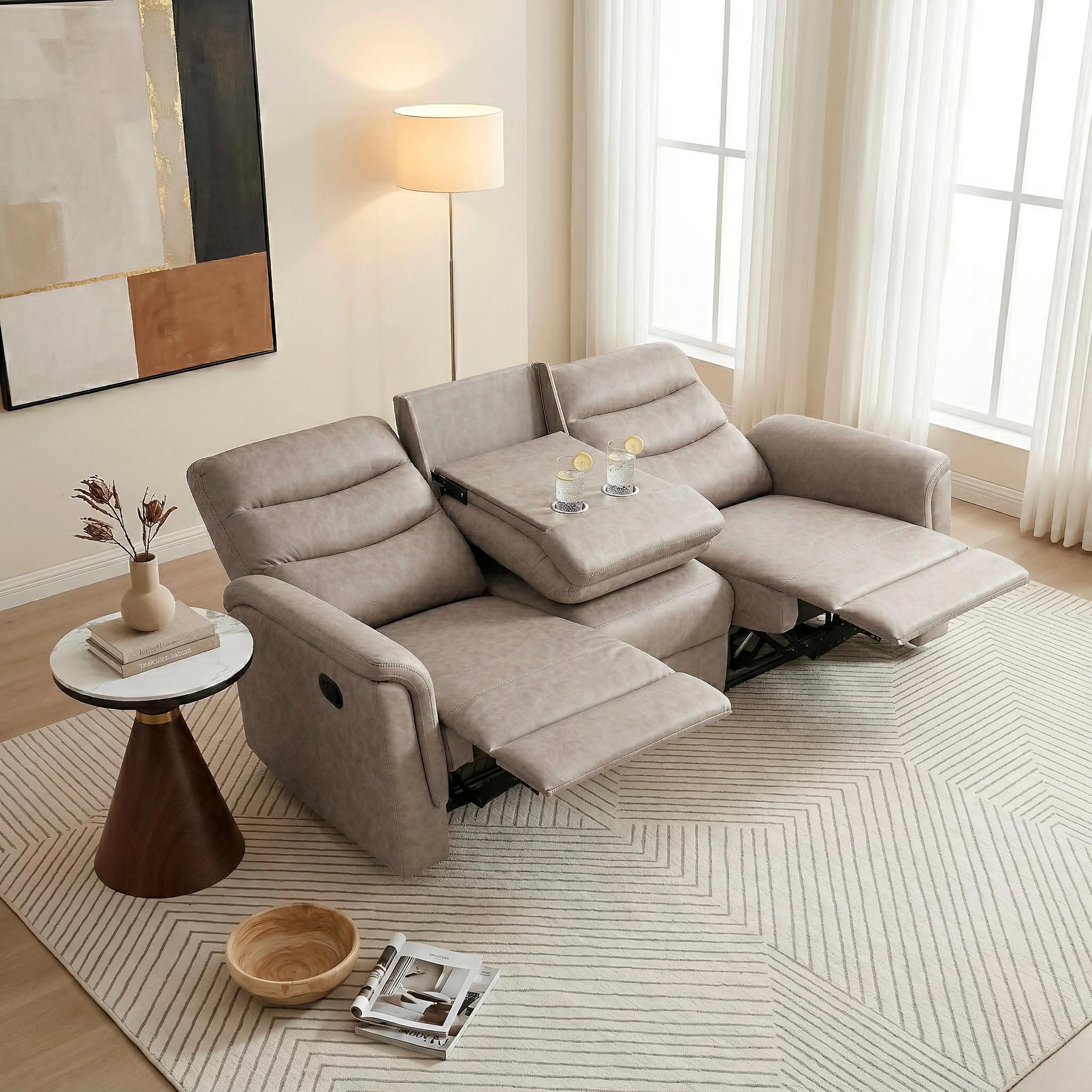 Metric Taupe Double Reclining Sofa with Drop-down Cup Holders - Image 18