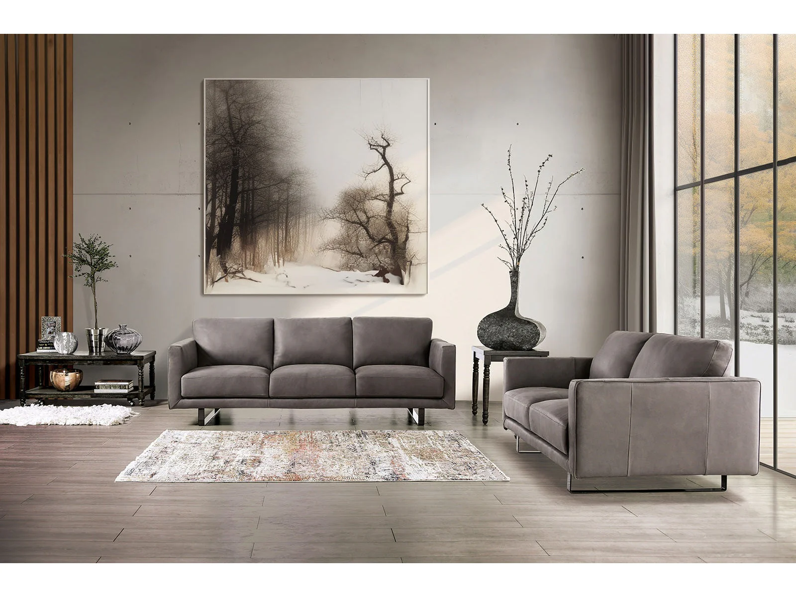 Mezzanotte Gray Real Italian Leather Living Room Set