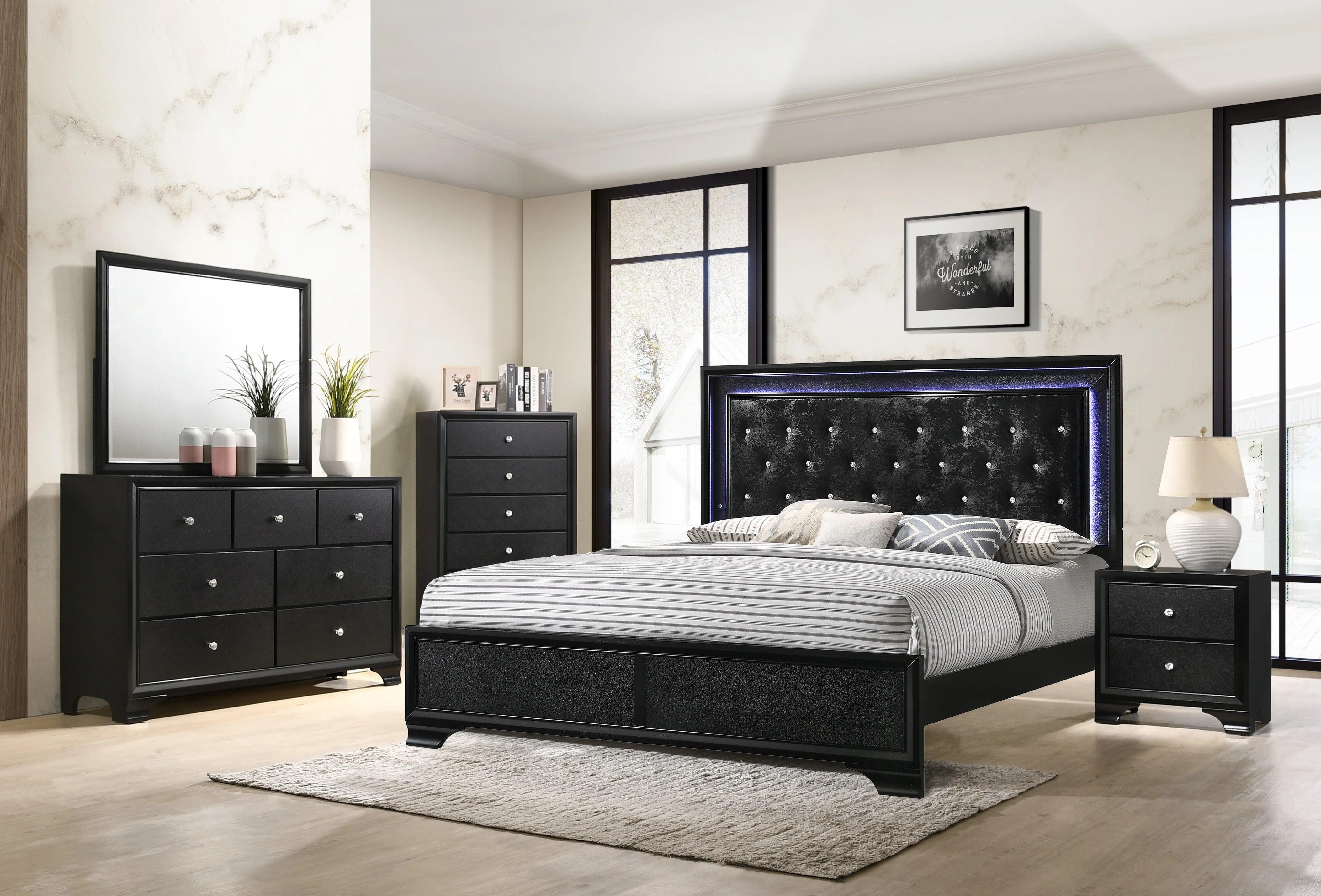 Micah Black King LED Upholstered Panel Bed - Image 2