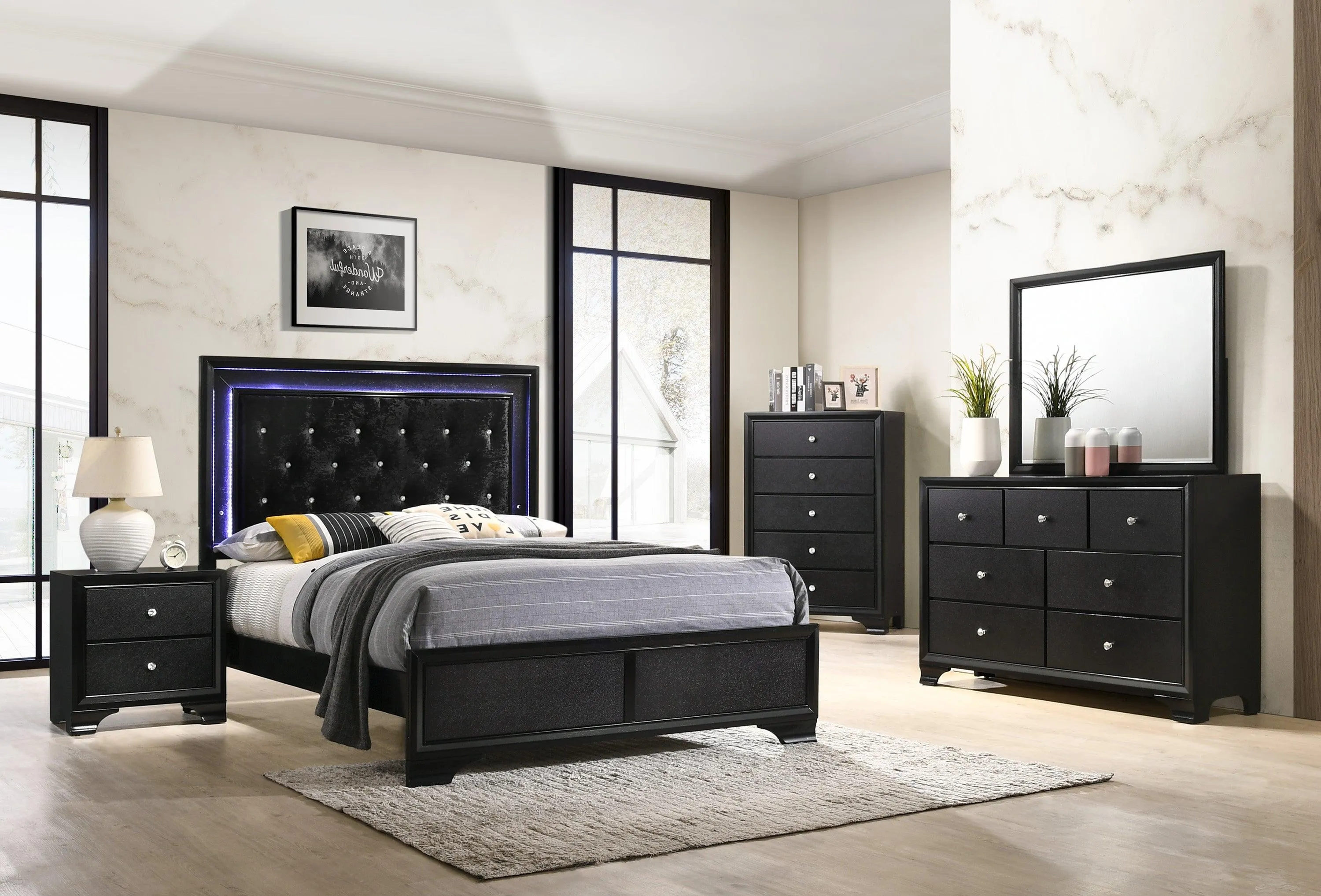 Micah Black Queen LED Upholstered Panel Bed - Image 2