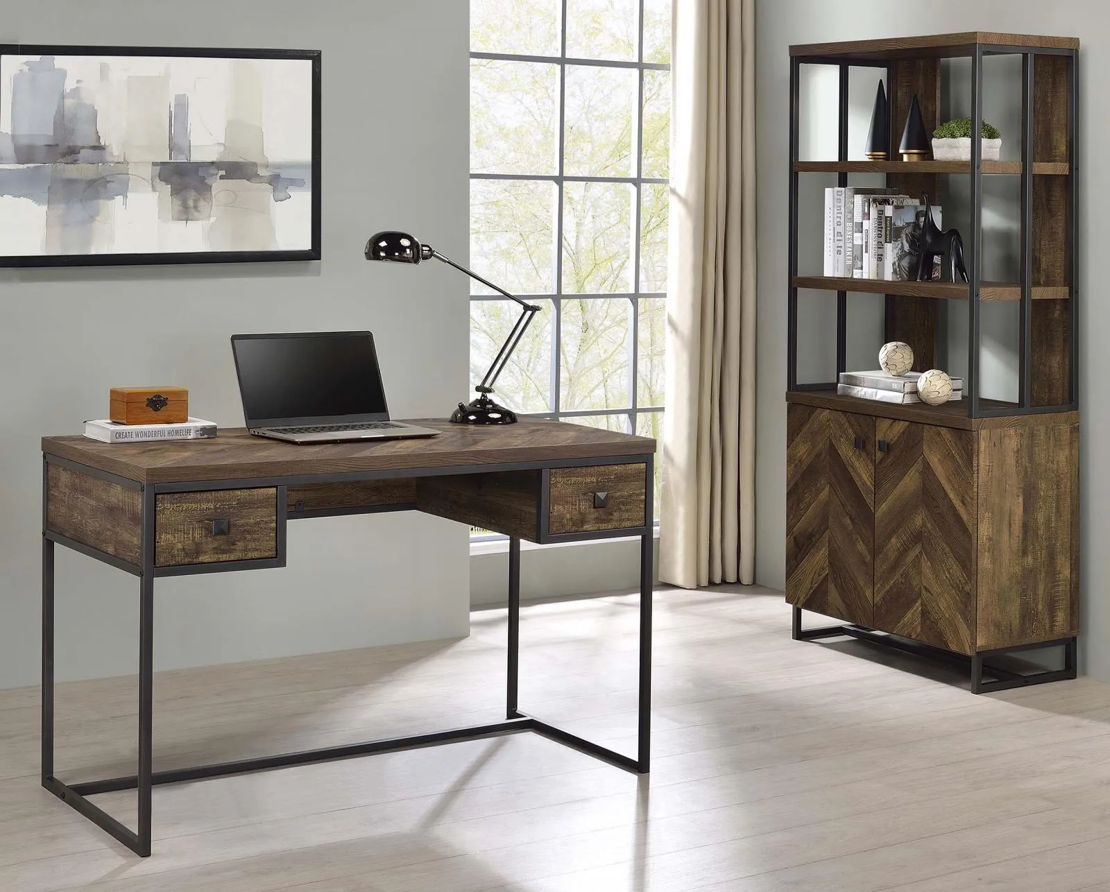 Millbrook Rustic Oak Herringbone/Gunmetal 2-Door Bookcase - Image 6