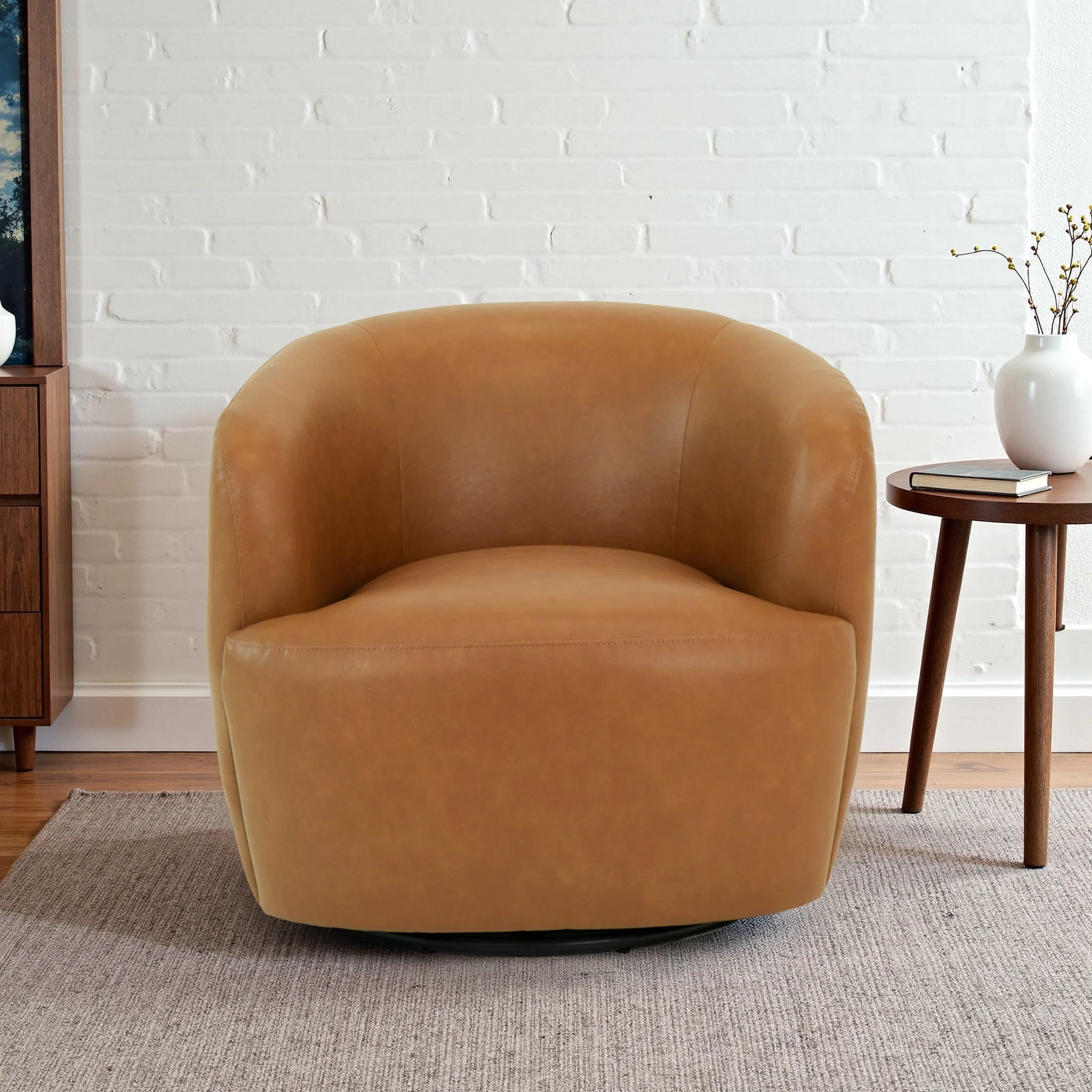 Mina 32" W Tan Vegan Leather Upholstered Swivel Barrel Chair - Image 4