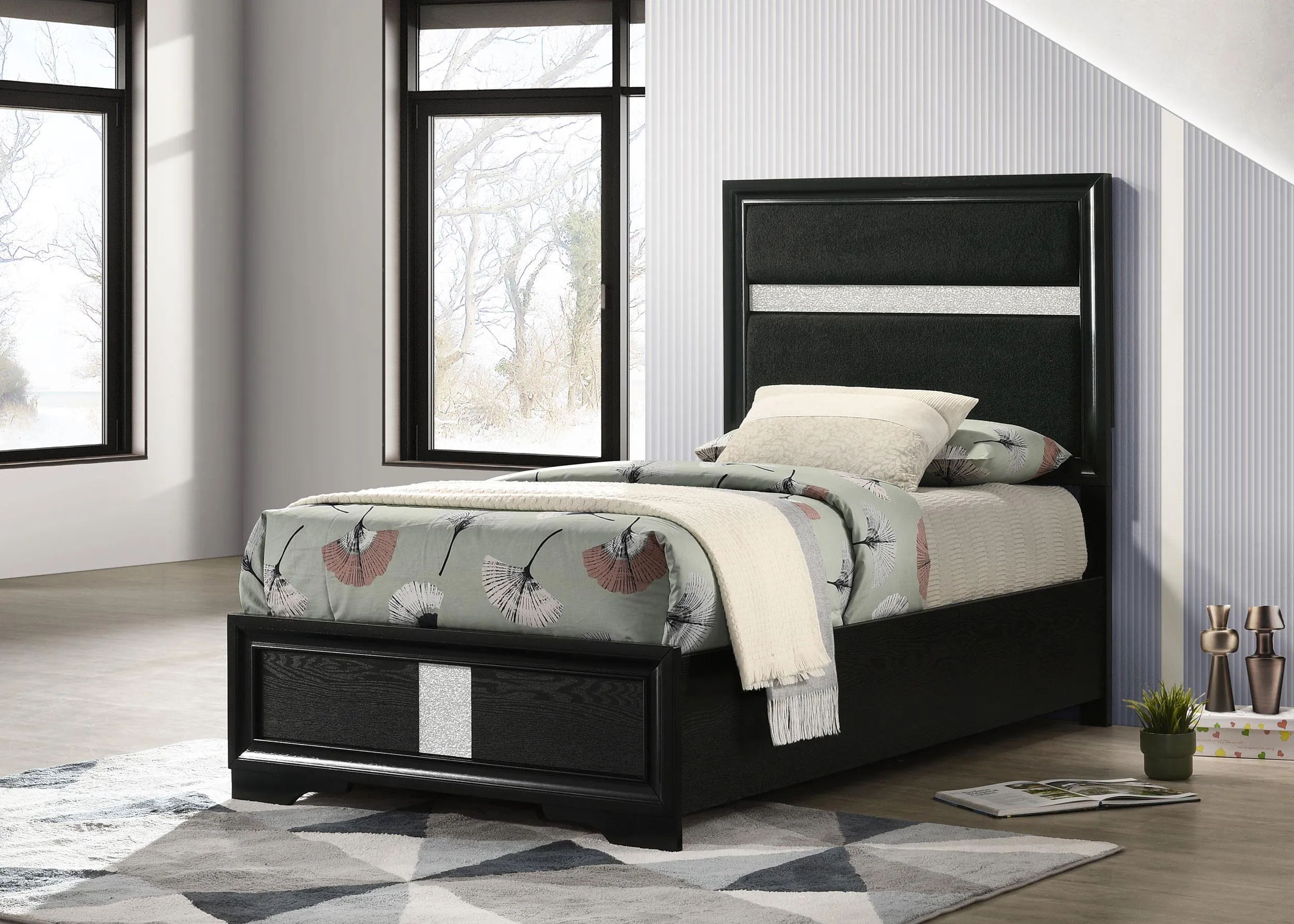 Miranda Black 55-inch Upholstered Twin Panel Bed