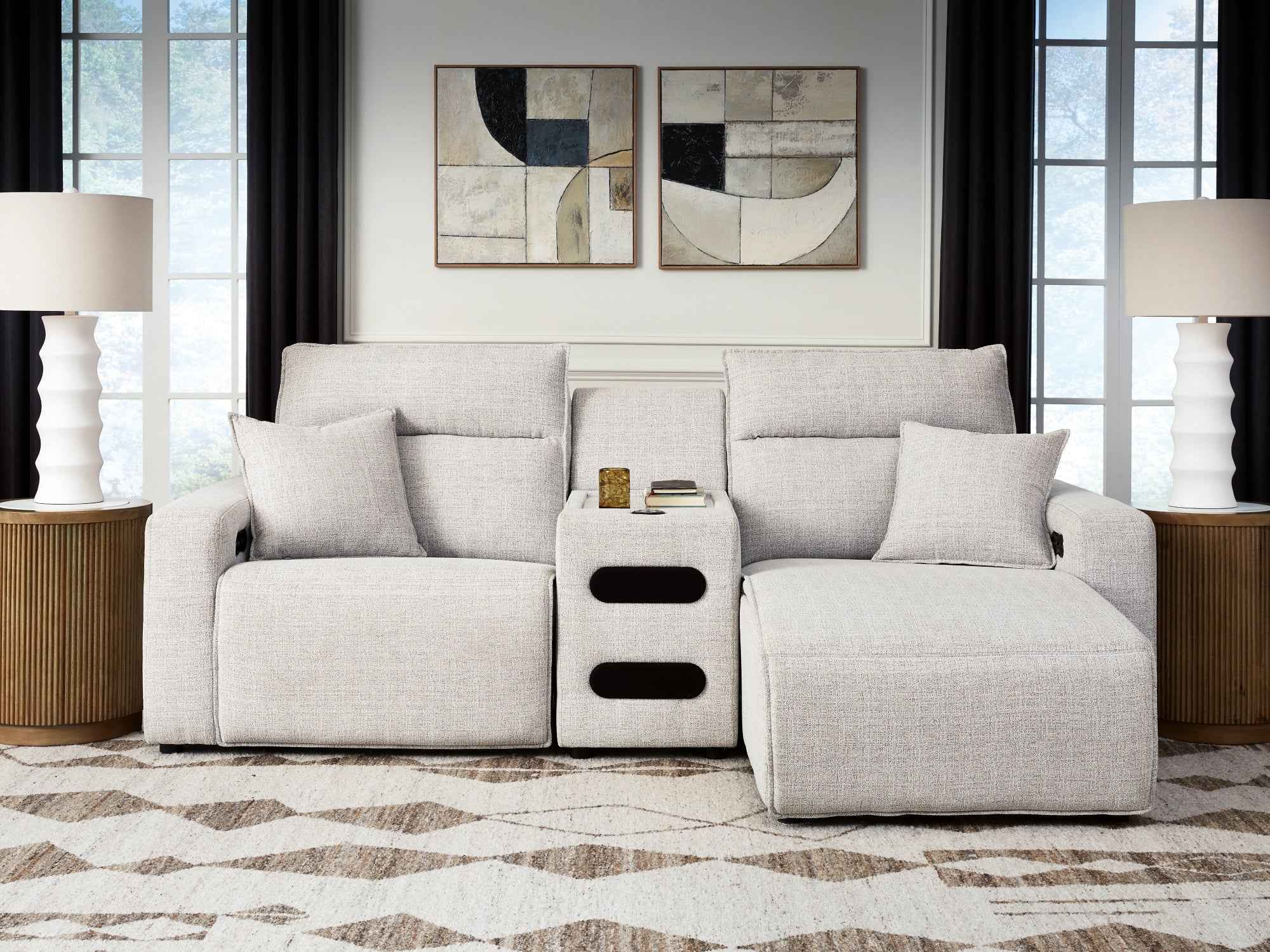 ModMax II Stone 3-Piece Power Reclining Sectional with Chaise and Audio Console
