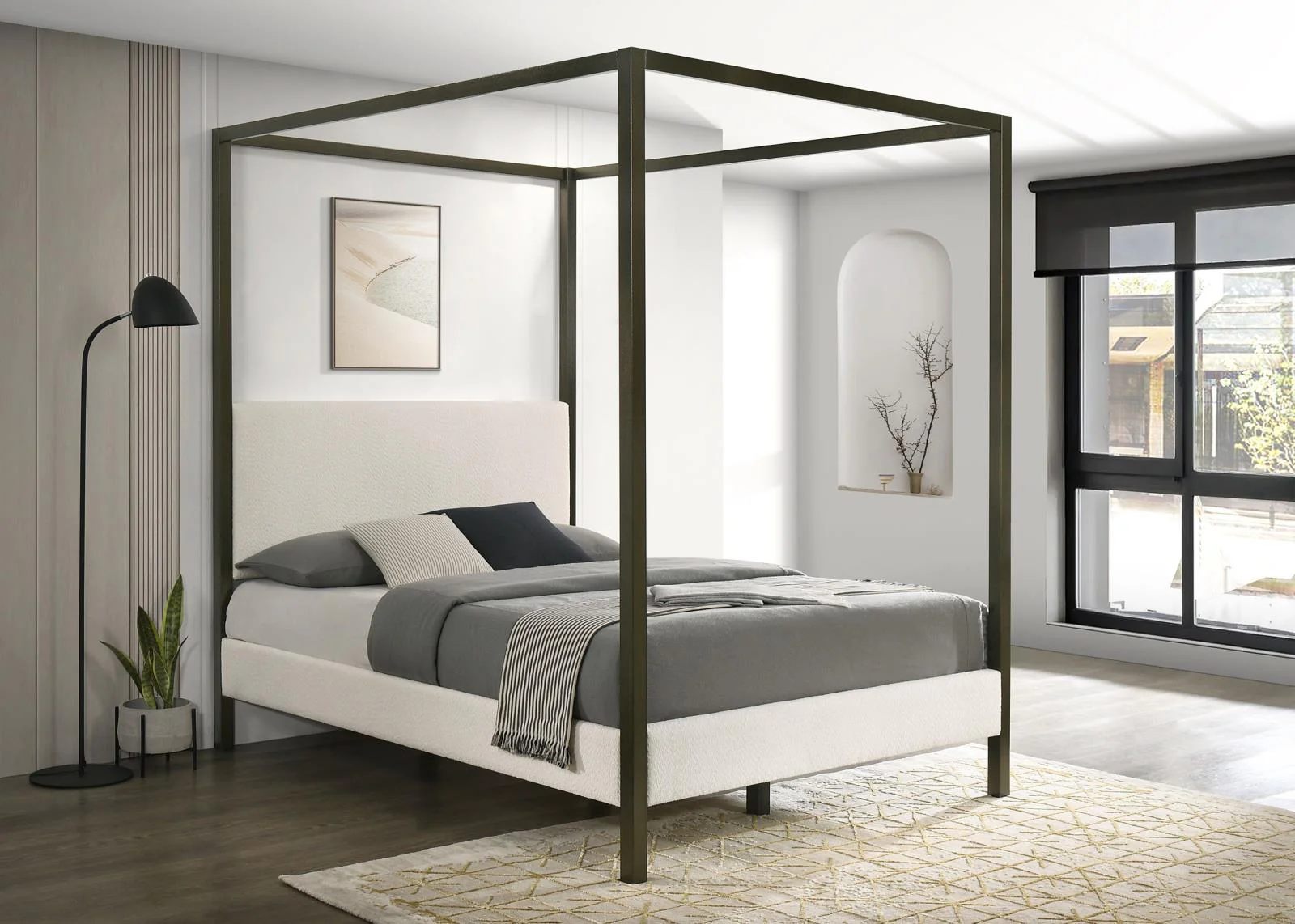 Monroe Vanilla and Black Upholstered Queen Canopy Platform Bed