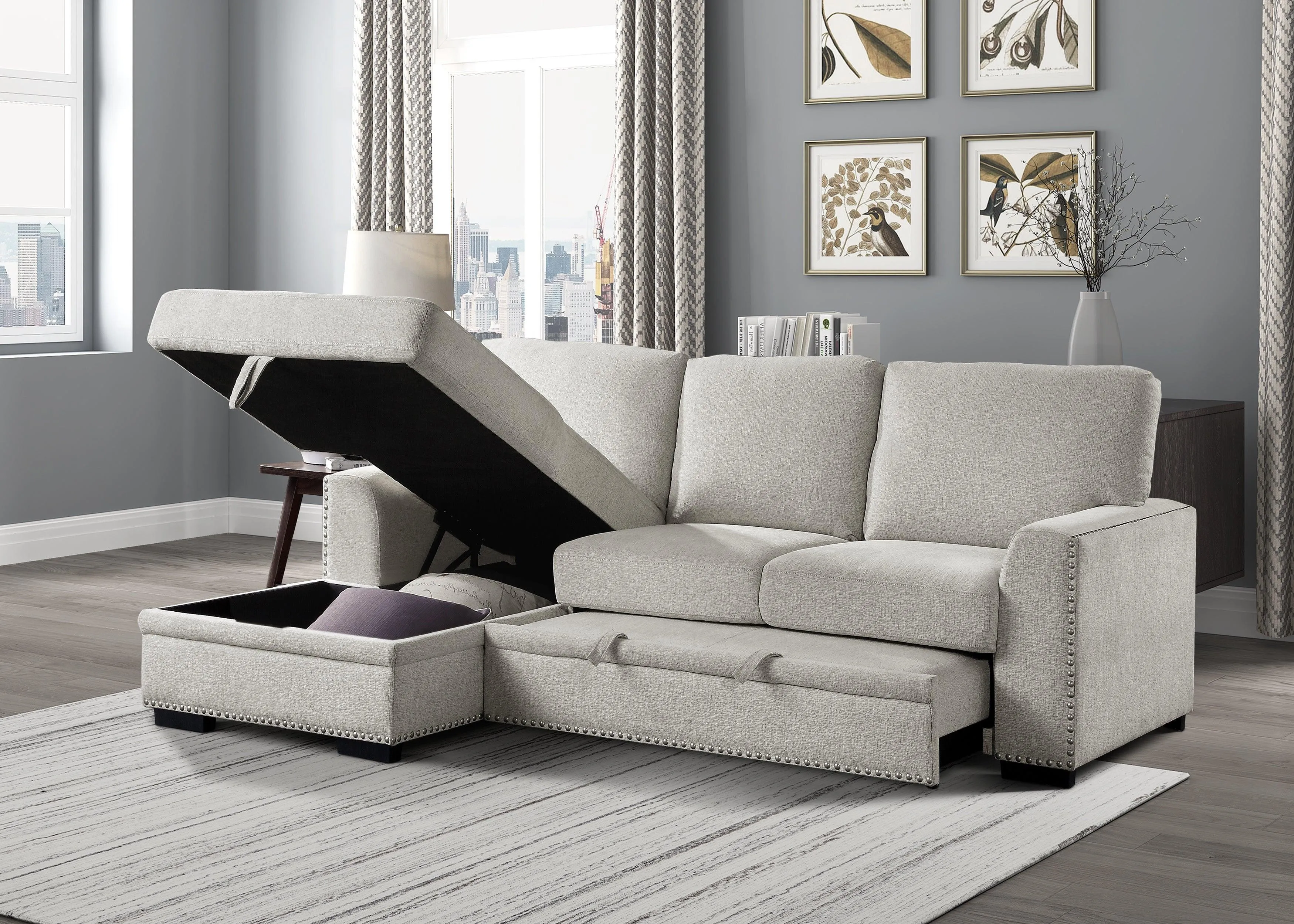 Morelia 2-Piece Sectional with Pull-out Bed and Left Chaise with Hidden Storage In Beige - Image 2