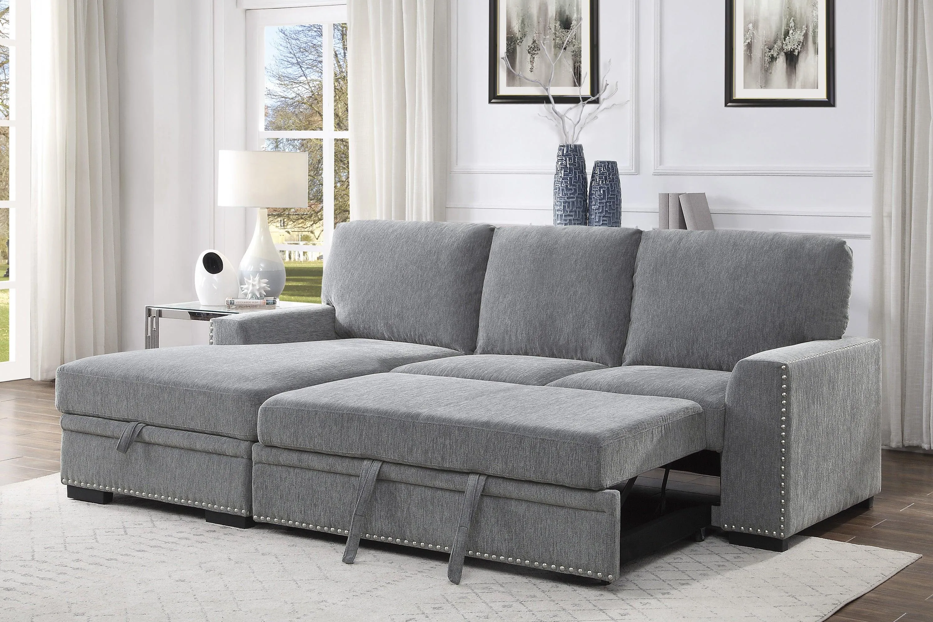 Morelia 2-Piece Sectional with Pull-out Bed and Left Chaise with Hidden Storage In Gray - Image 2