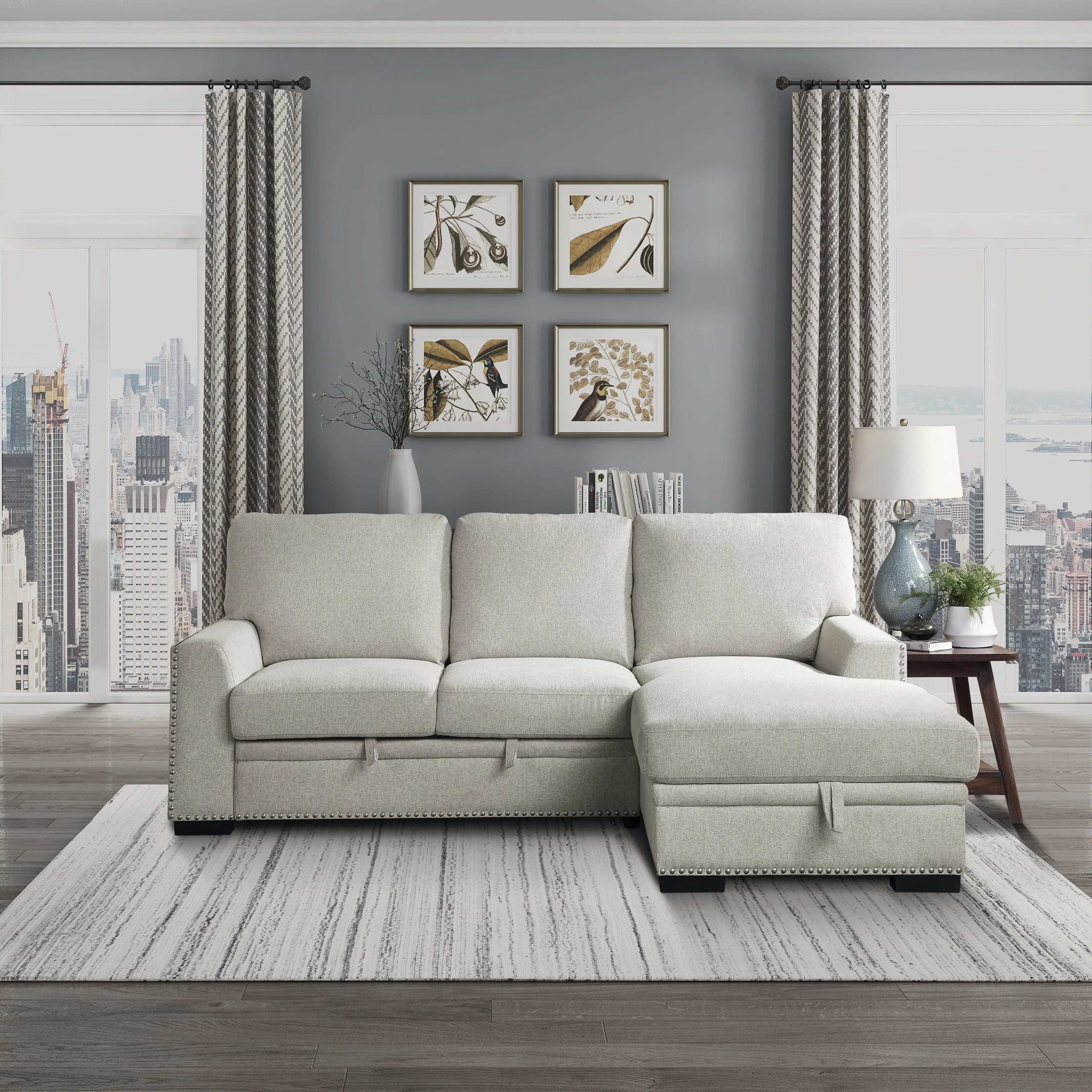 Morelia 2-Piece Sectional with Pull-out Bed and Right Chaise with Hidden Storage In Beige