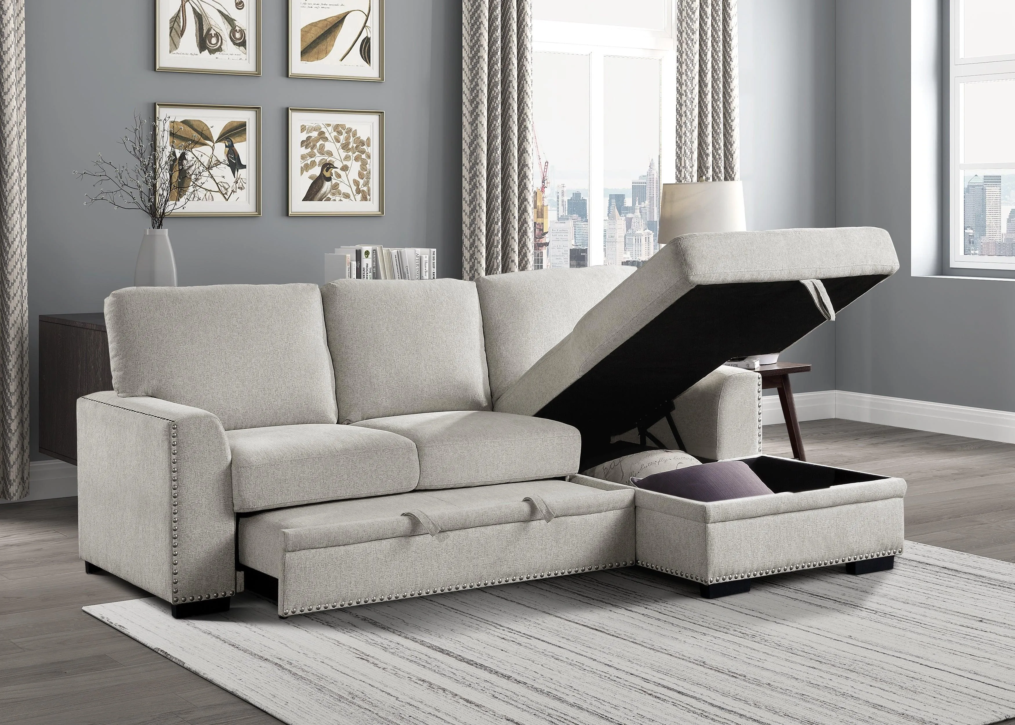Morelia 2-Piece Sectional with Pull-out Bed and Right Chaise with Hidden Storage In Beige - Image 2