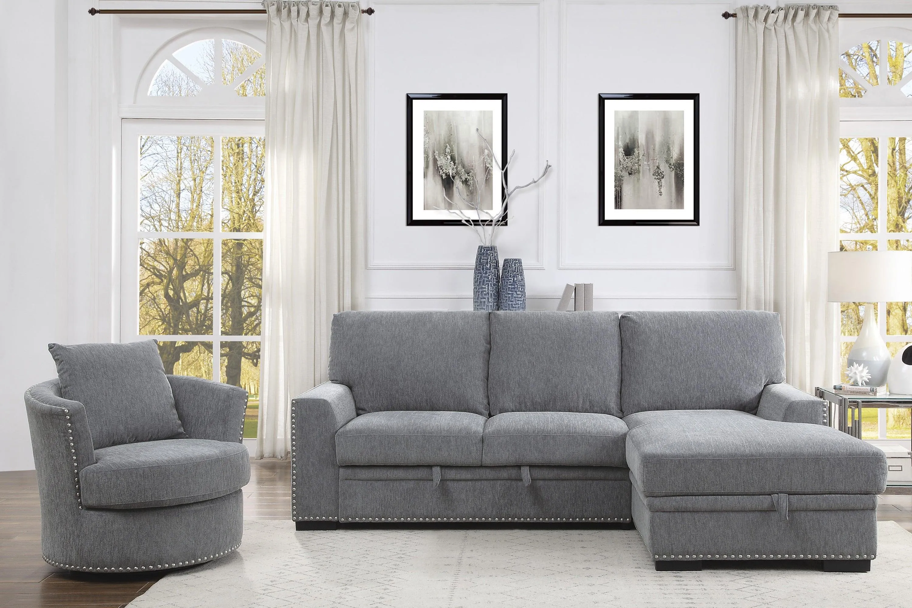 Morelia 2-Piece Sectional with Pull-out Bed and Right Chaise with Hidden Storage In Gray