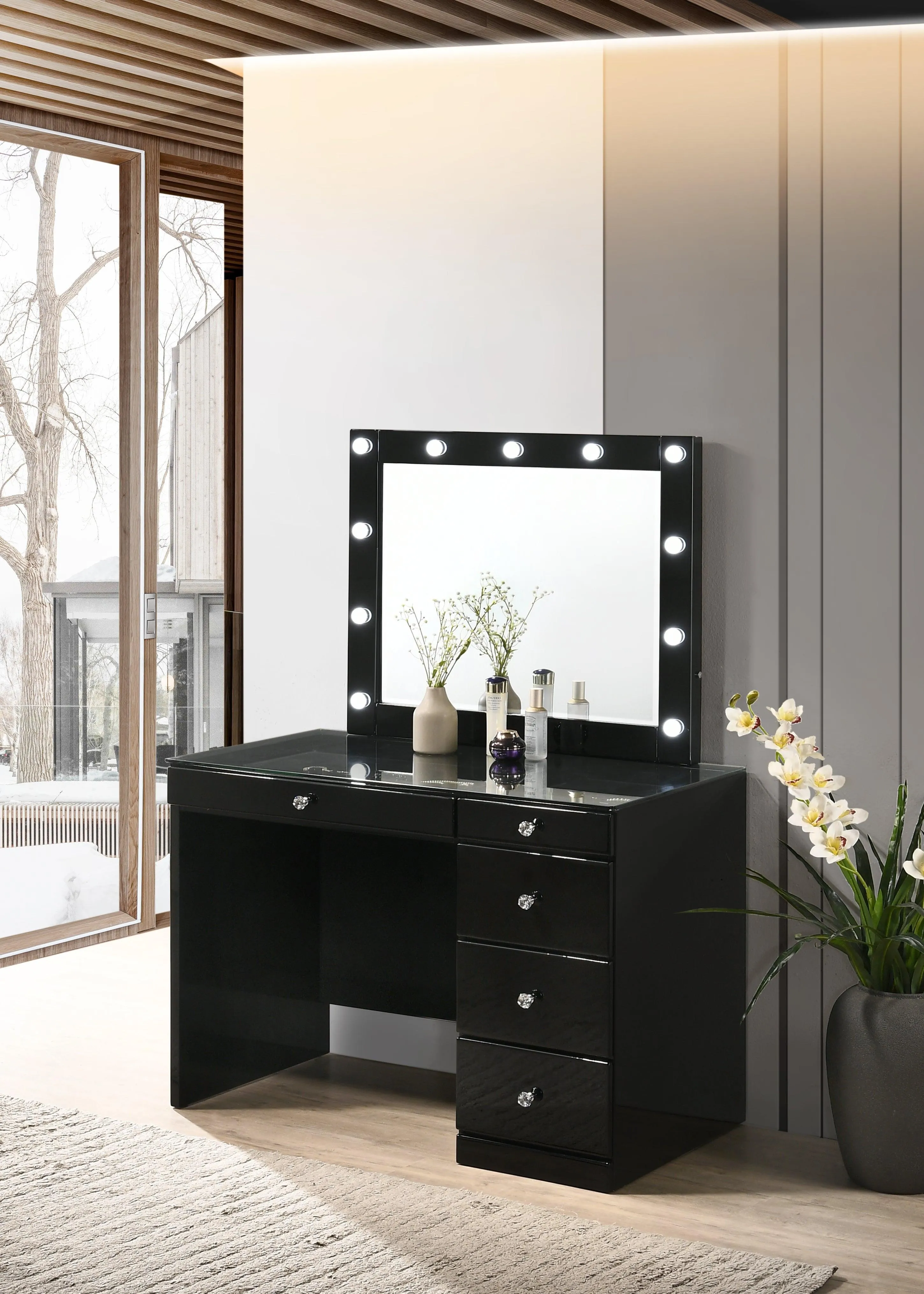 Morgan Black Makeup Vanity Set with Lighted Mirror - Image 3