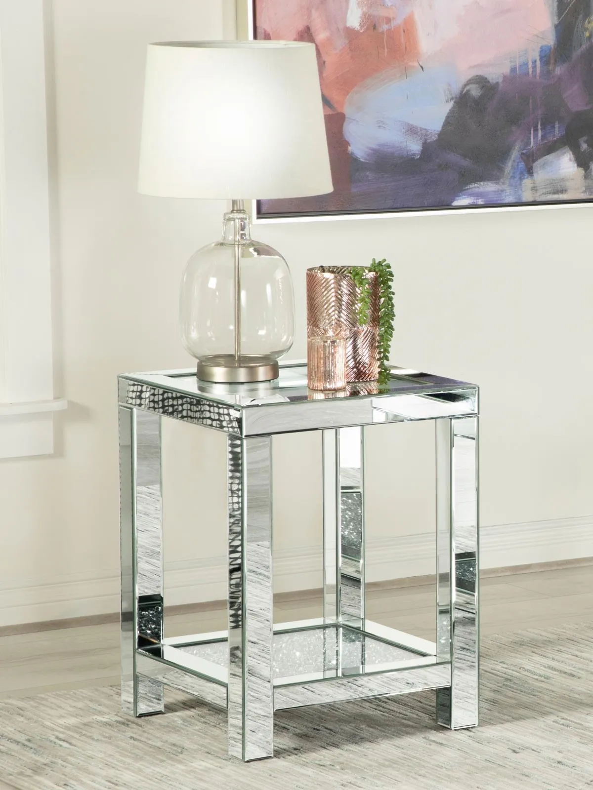 Mozzi Brushed Bronze Square End Table with Glass Top Mirror