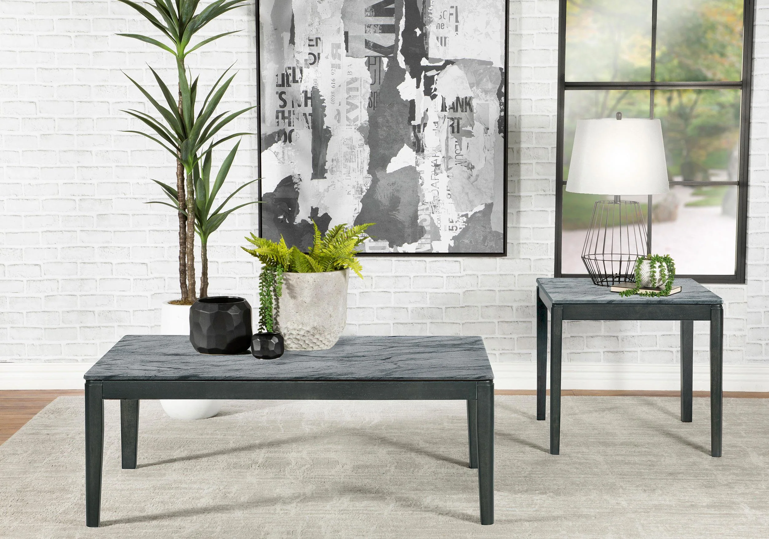 Mozzi Gray 2-Piece Faux Marble Coffee and End Table Set