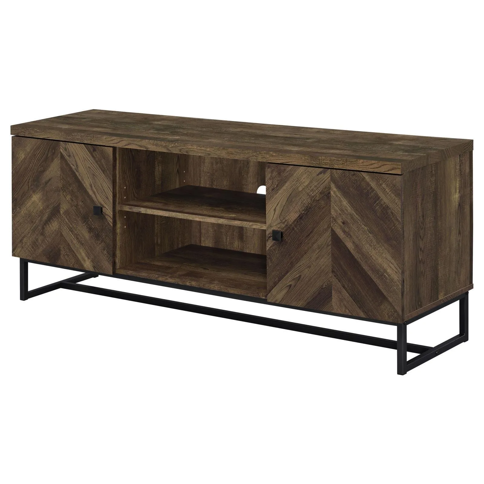 Myles Rustic Oak Herringbone 2-Door TV Console with Adjustable Shelves Rustic Oak Herringbone - Image 5